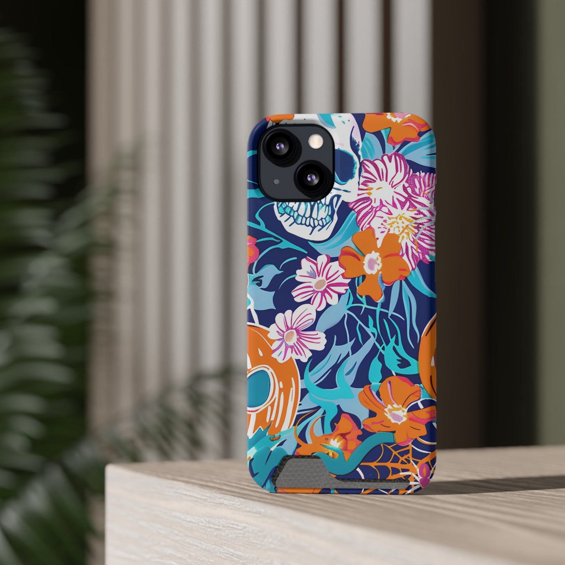 Blue and Orange Floral Skull Card Case, Artsulli - Art is Long, Life is Short, Phone Case, , , , , , , 