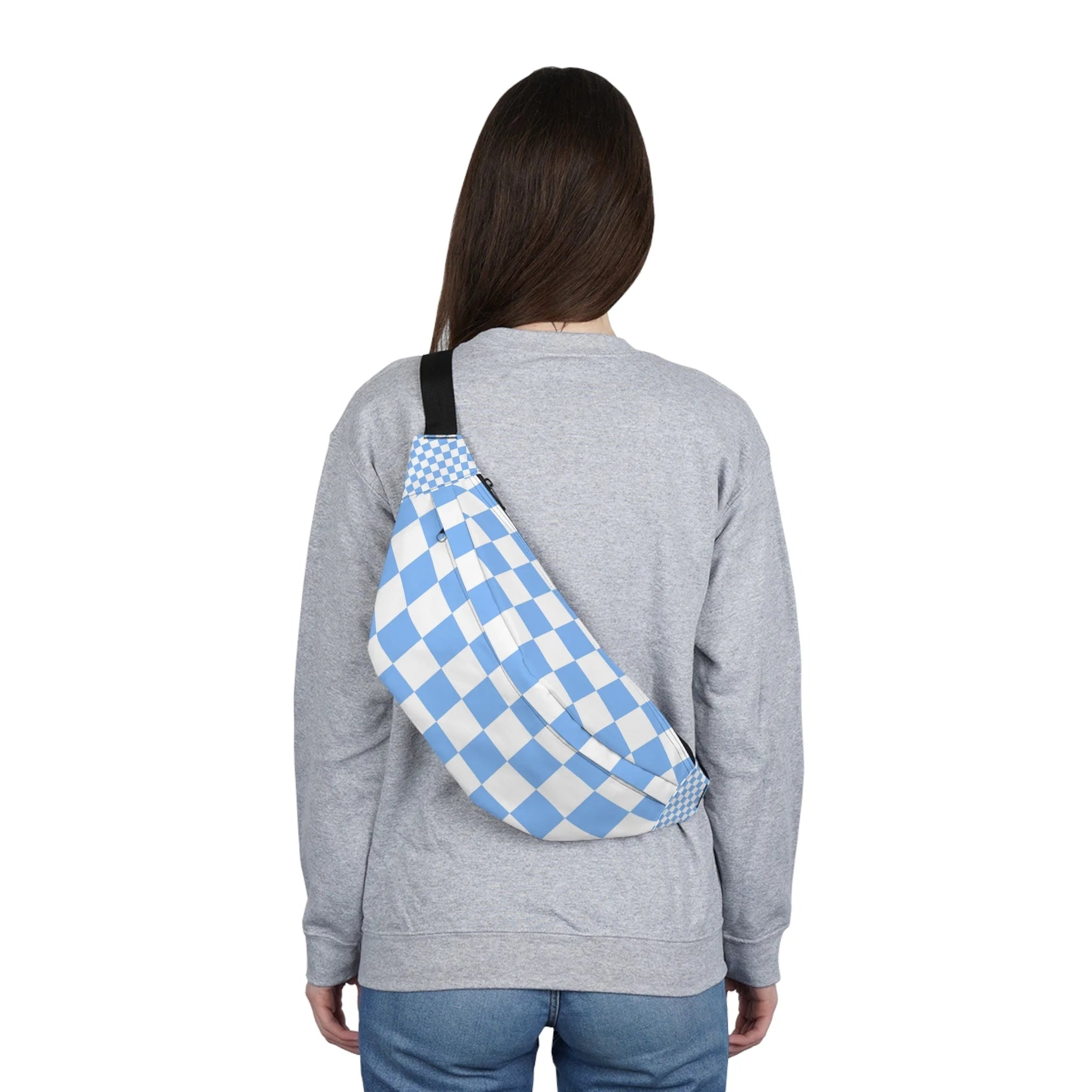 Blue and White Checkered Custom Print Fanny Pack, Artsulli - Art is Long, Life is Short, Bags, , , , , , , 