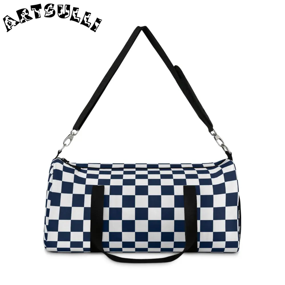 JAKKOUTTHEBXX Blue and White Checkered Custom-Printed Duffel Bag 2025