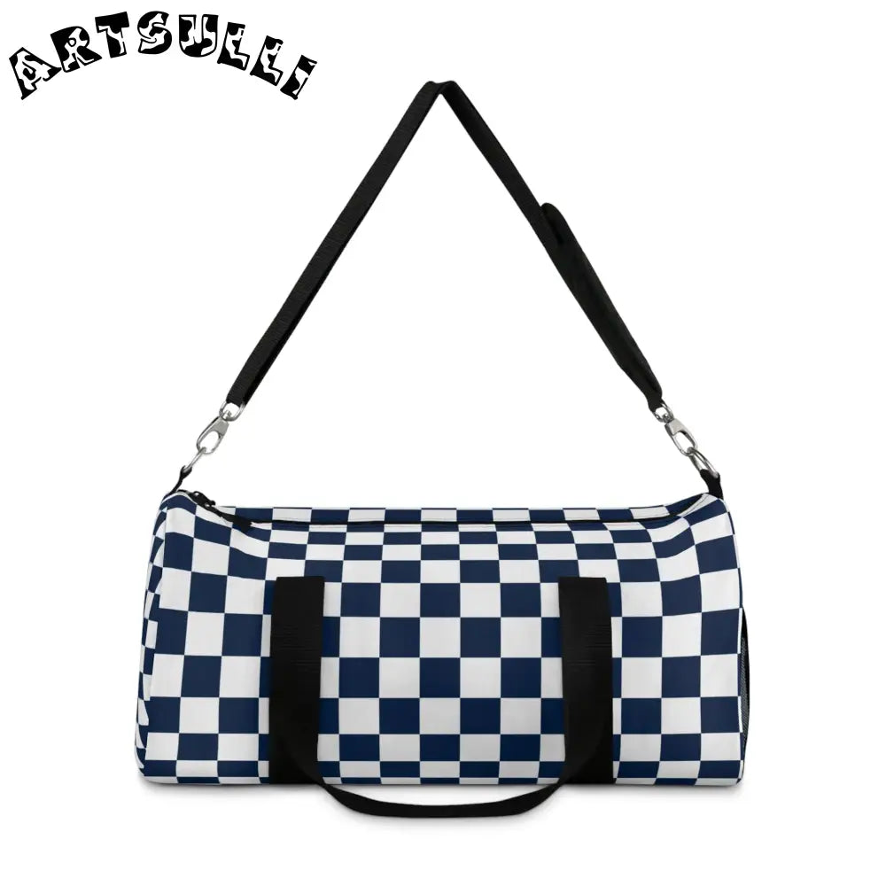 JAKKOUTTHEBXX Blue and White Checkered Custom-Printed Duffel Bag 2025