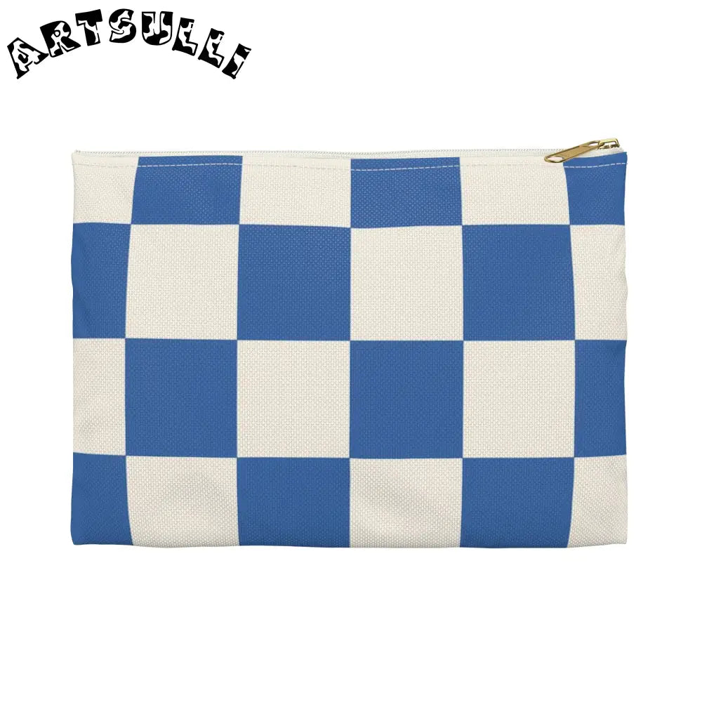Blue and White Checkered Flat Pouch, Artsulli - Art is Long, Life is Short, Bags, Size, Small, Color, White zipper, , , 10700914308870899778
