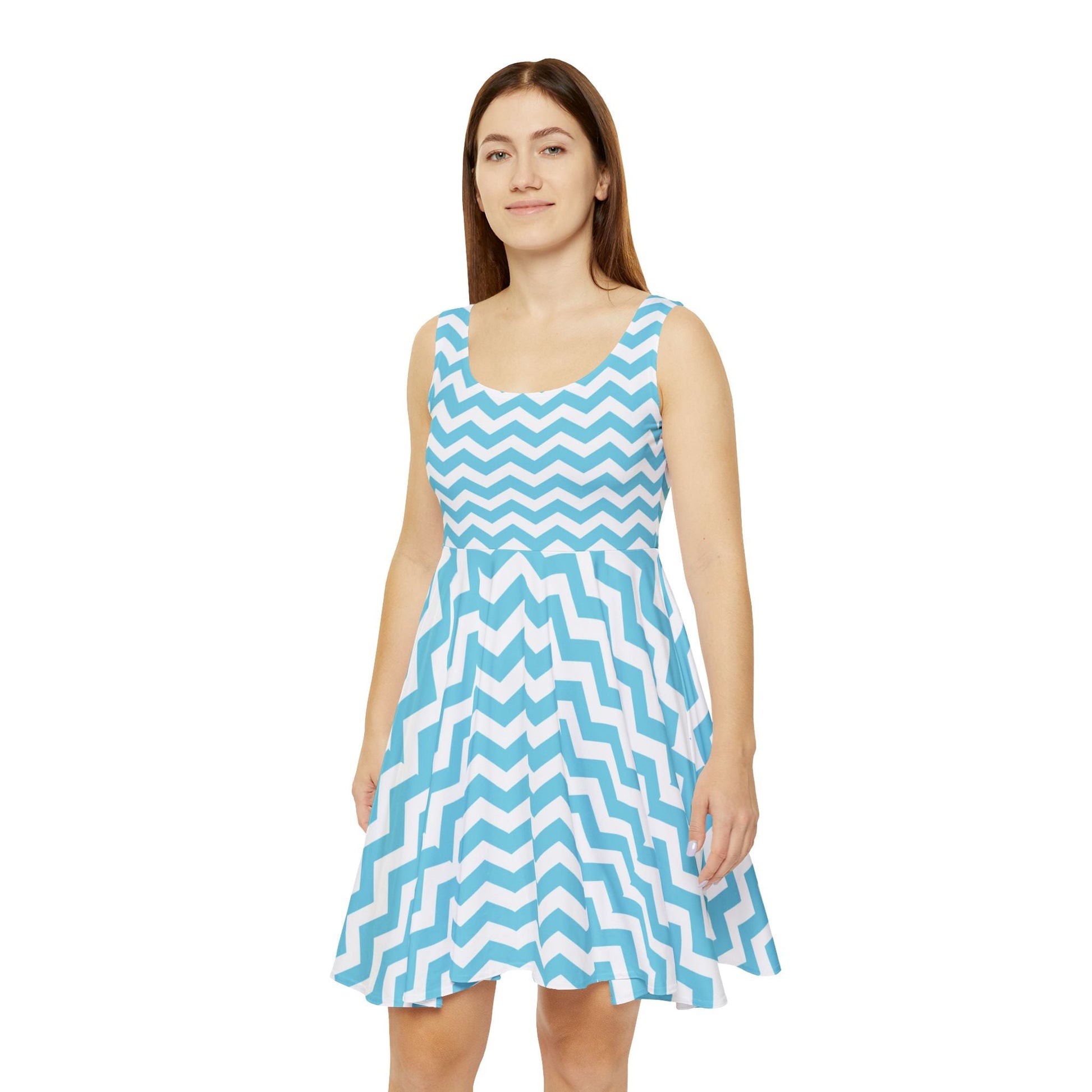 Blue and White Chevron Skater Dress, Artsulli - Art is Long, Life is Short, All Over Prints, , , , , , , 