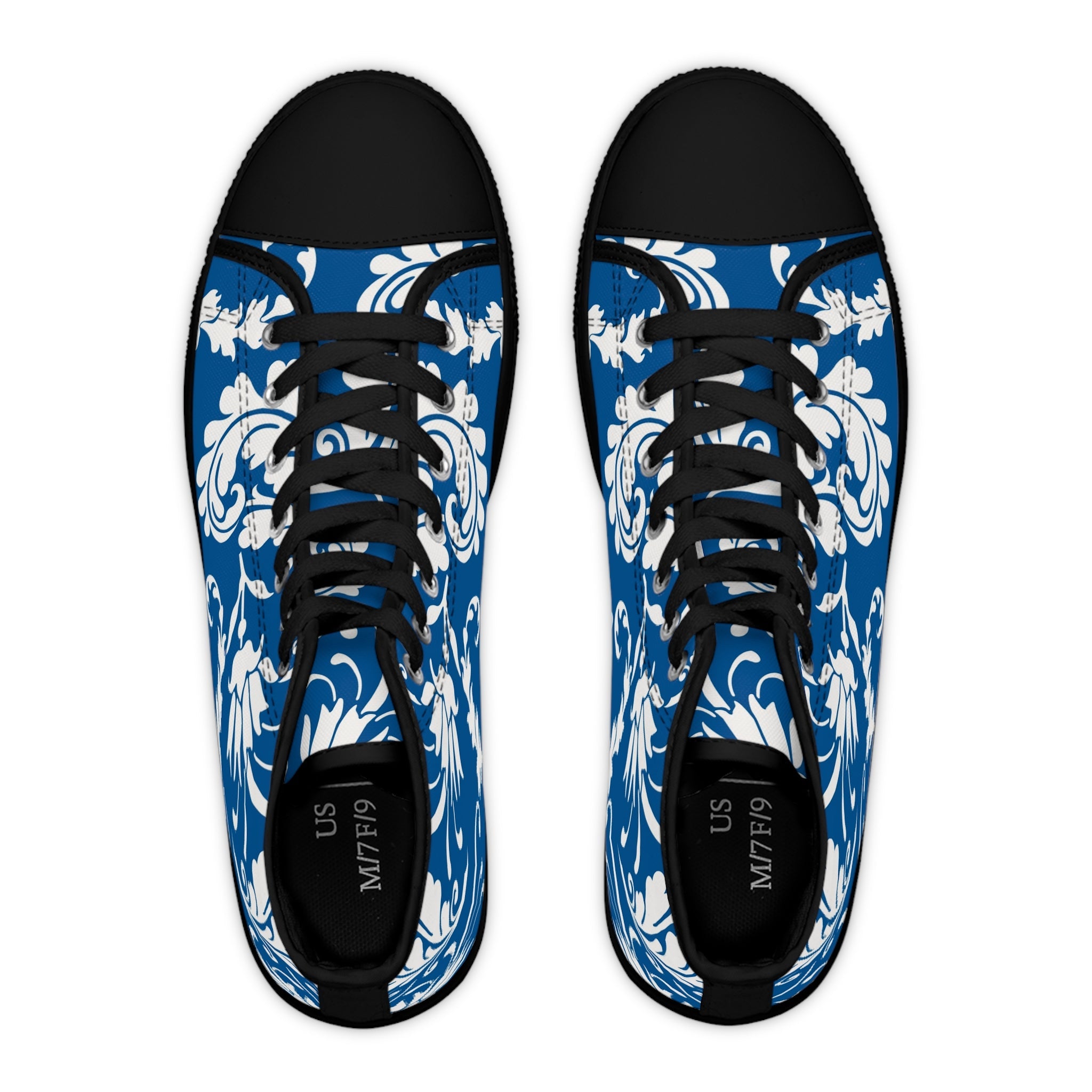 Blue and White Damask High-Top Sneakers, Artsulli - Art is Long, Life is Short, Shoes, , , , , , , 