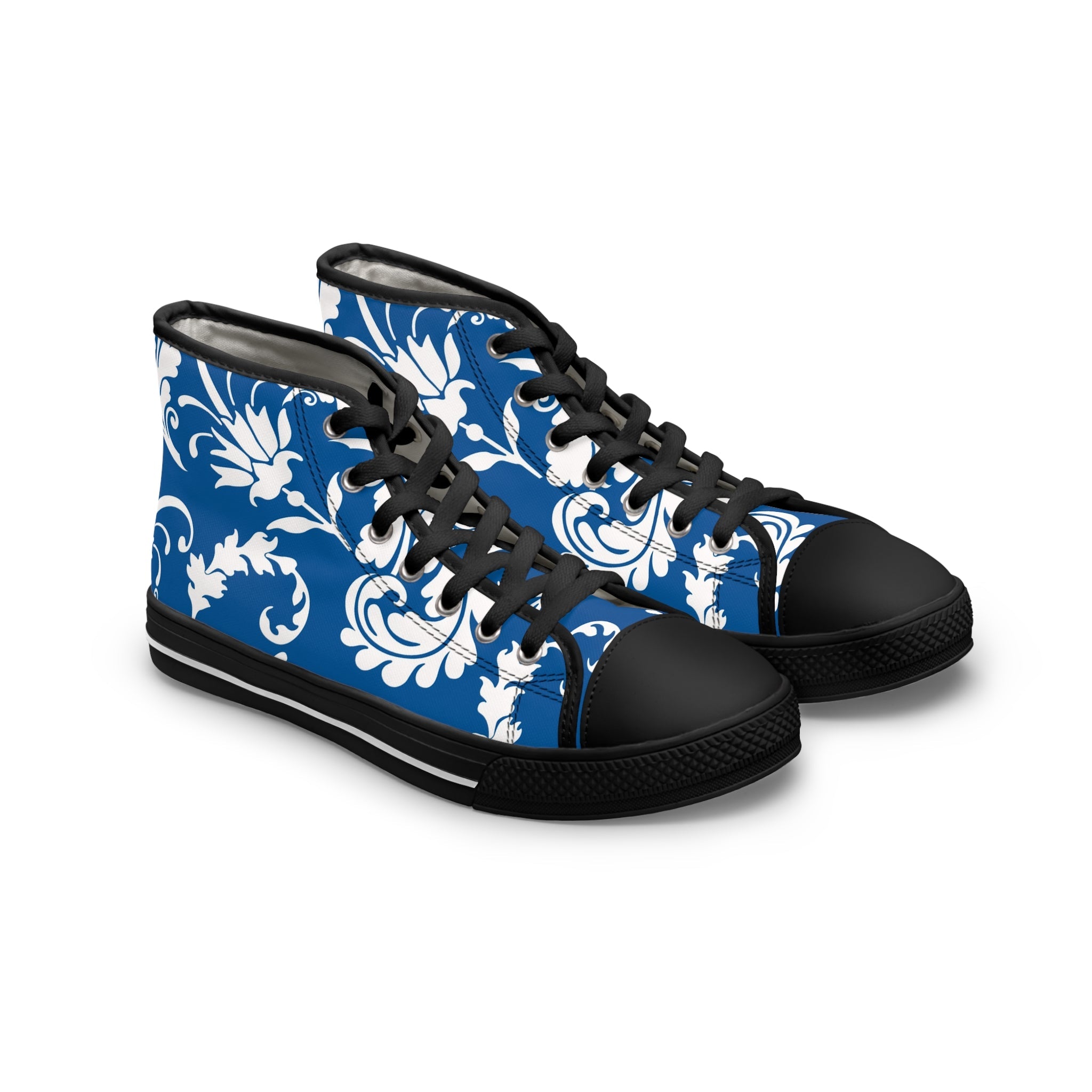 Blue and White Damask High-Top Sneakers, Artsulli - Art is Long, Life is Short, Shoes, Size, US 5.5, Color, Black sole, , , 27784531420696808068