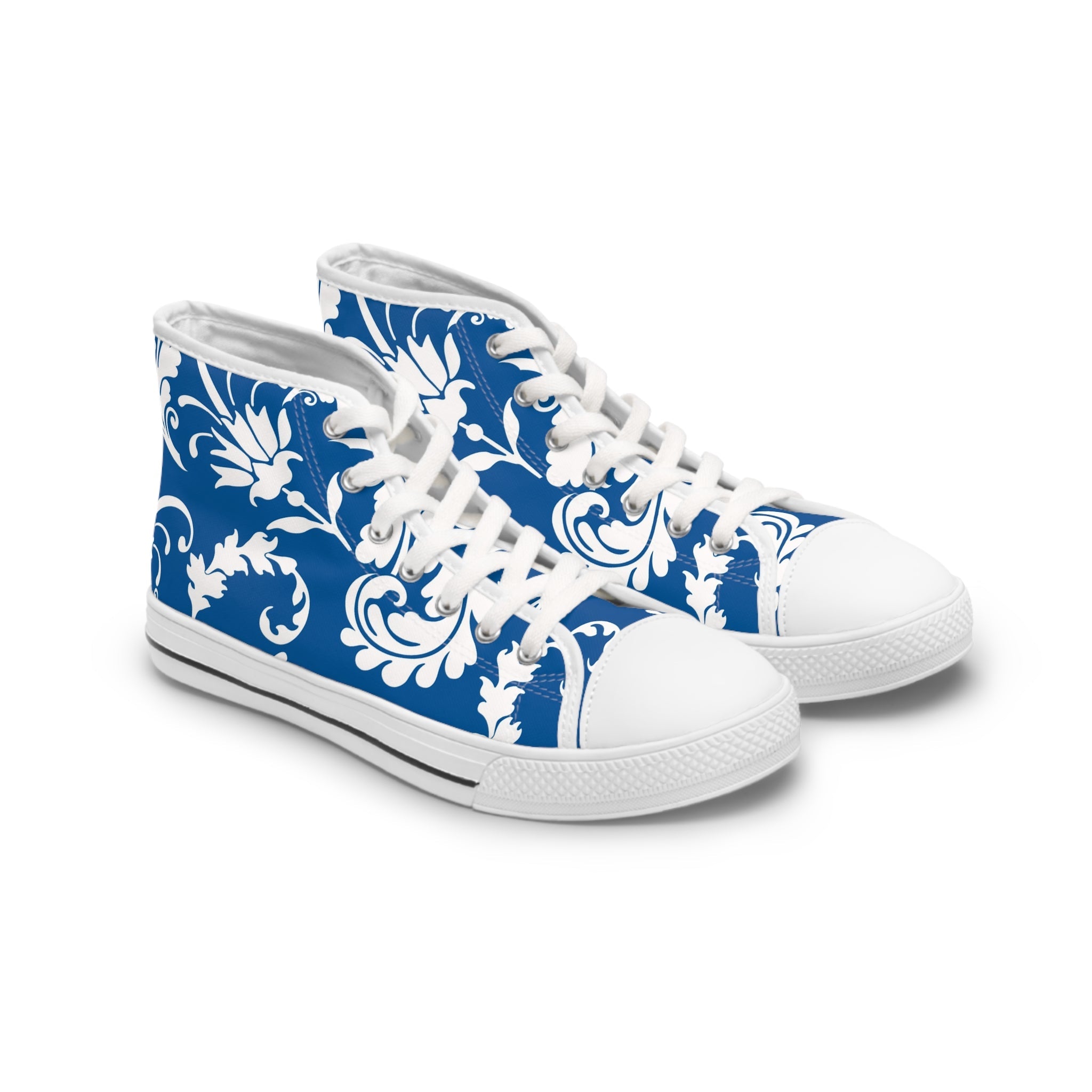 Blue and White Damask High-Top Sneakers, Artsulli - Art is Long, Life is Short, Shoes, Size, US 5.5, Color, White sole, , , 27059395450566523338