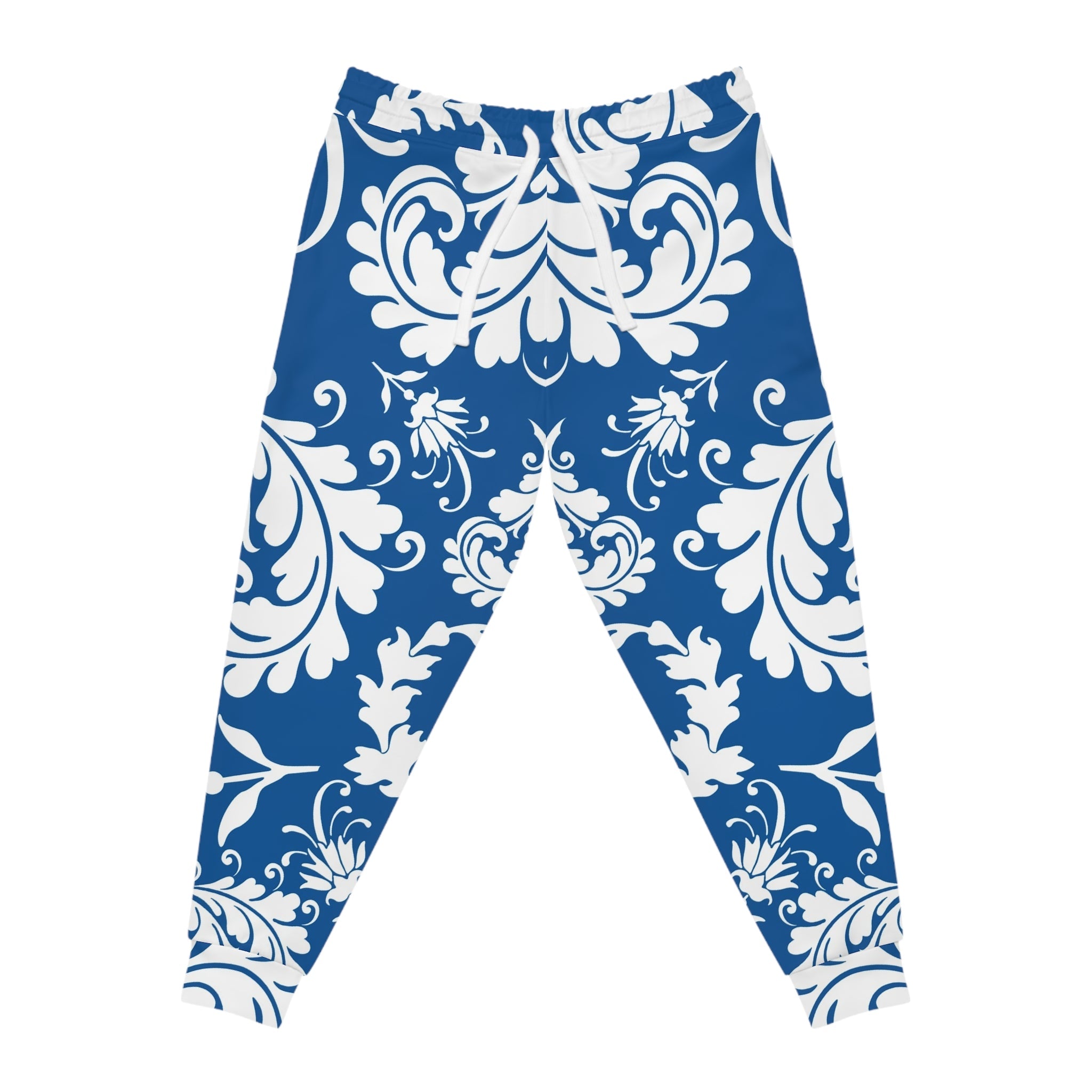 Blue and White Damask Print Joggers, Artsulli - Art is Long, Life is Short, All Over Prints, Size, S, Color, Seam thread color automatically matched to design, , , 17883133571867881528