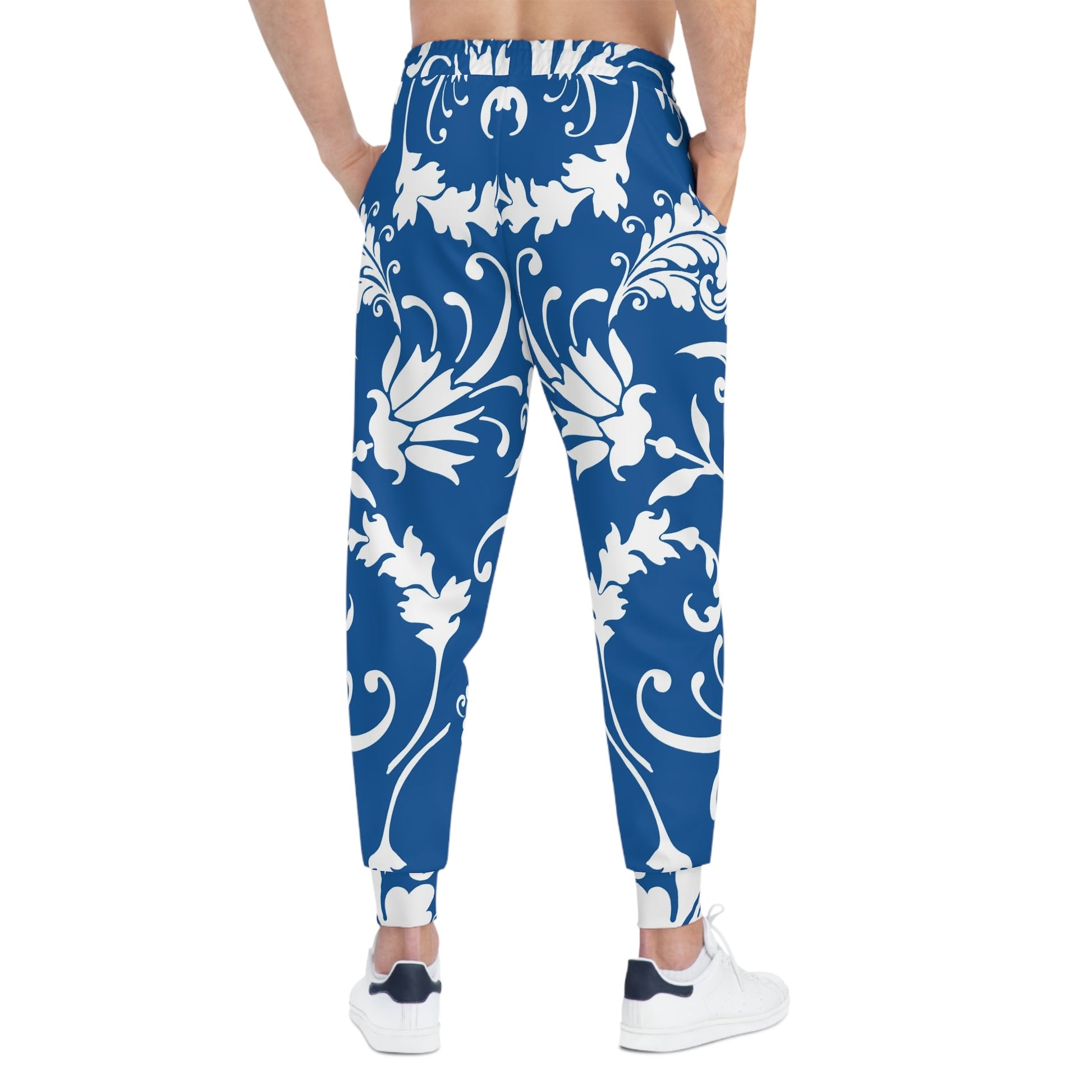 Blue and White Damask Print Joggers, Artsulli - Art is Long, Life is Short, All Over Prints, , , , , , , 