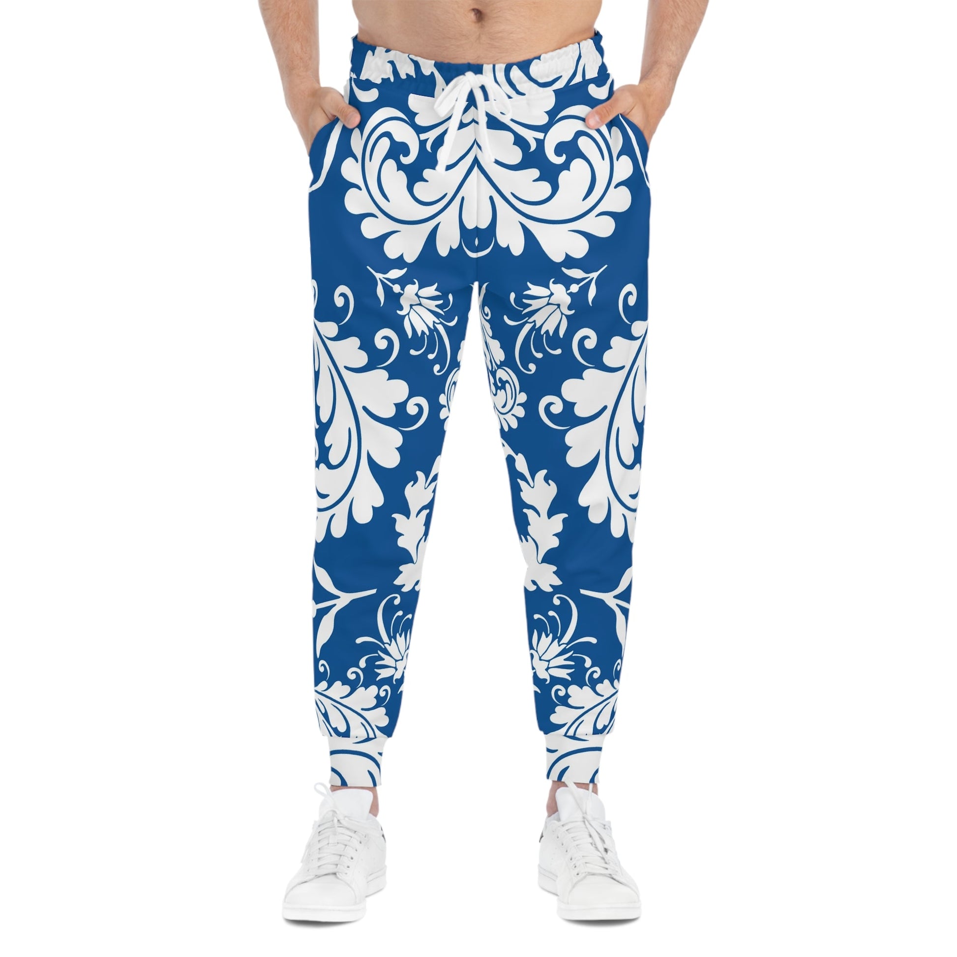 Blue and White Damask Print Joggers, Artsulli - Art is Long, Life is Short, All Over Prints, , , , , , , 
