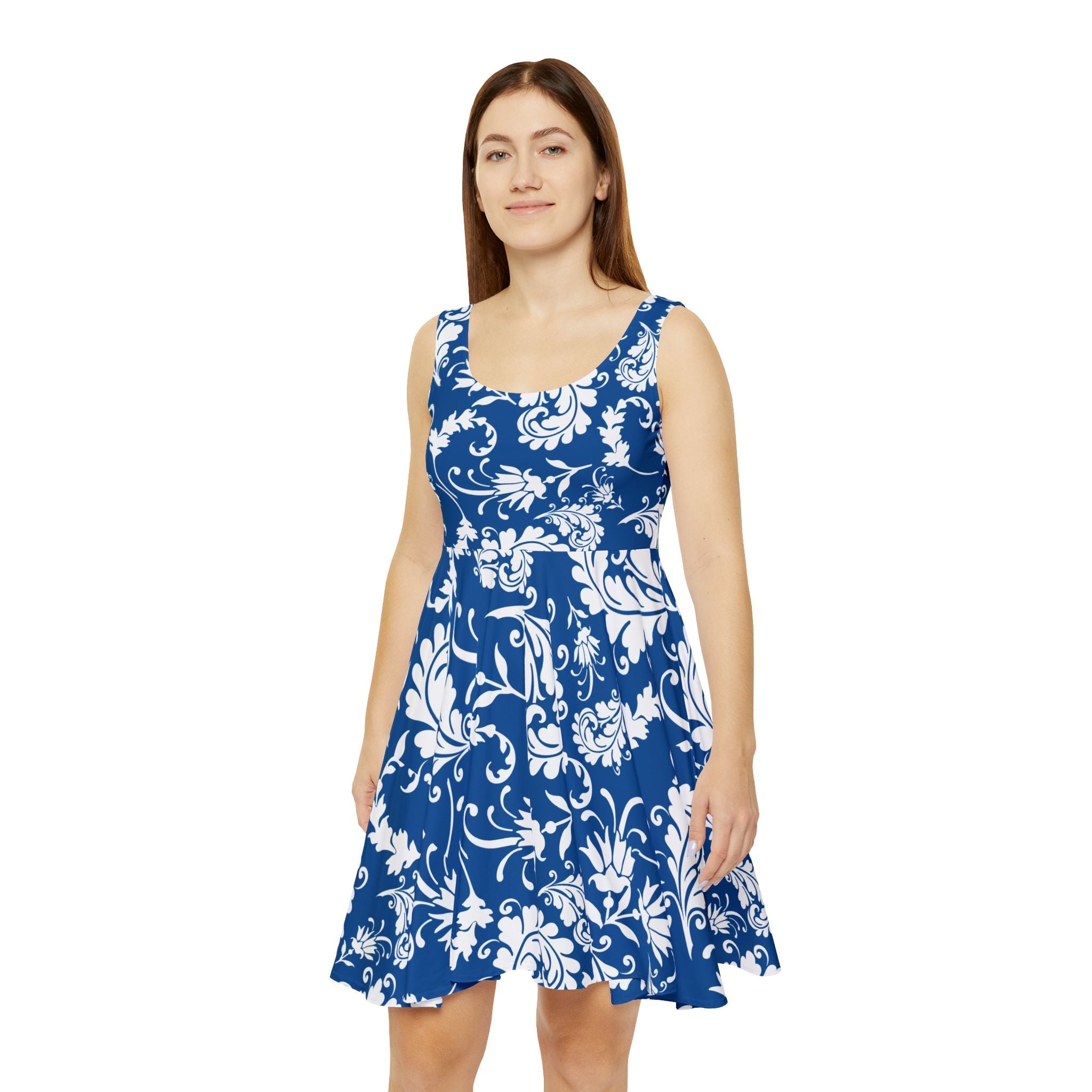 Blue and White Floral Skater Dress, Artsulli - Art is Long, Life is Short, All Over Prints, , , , , , , 