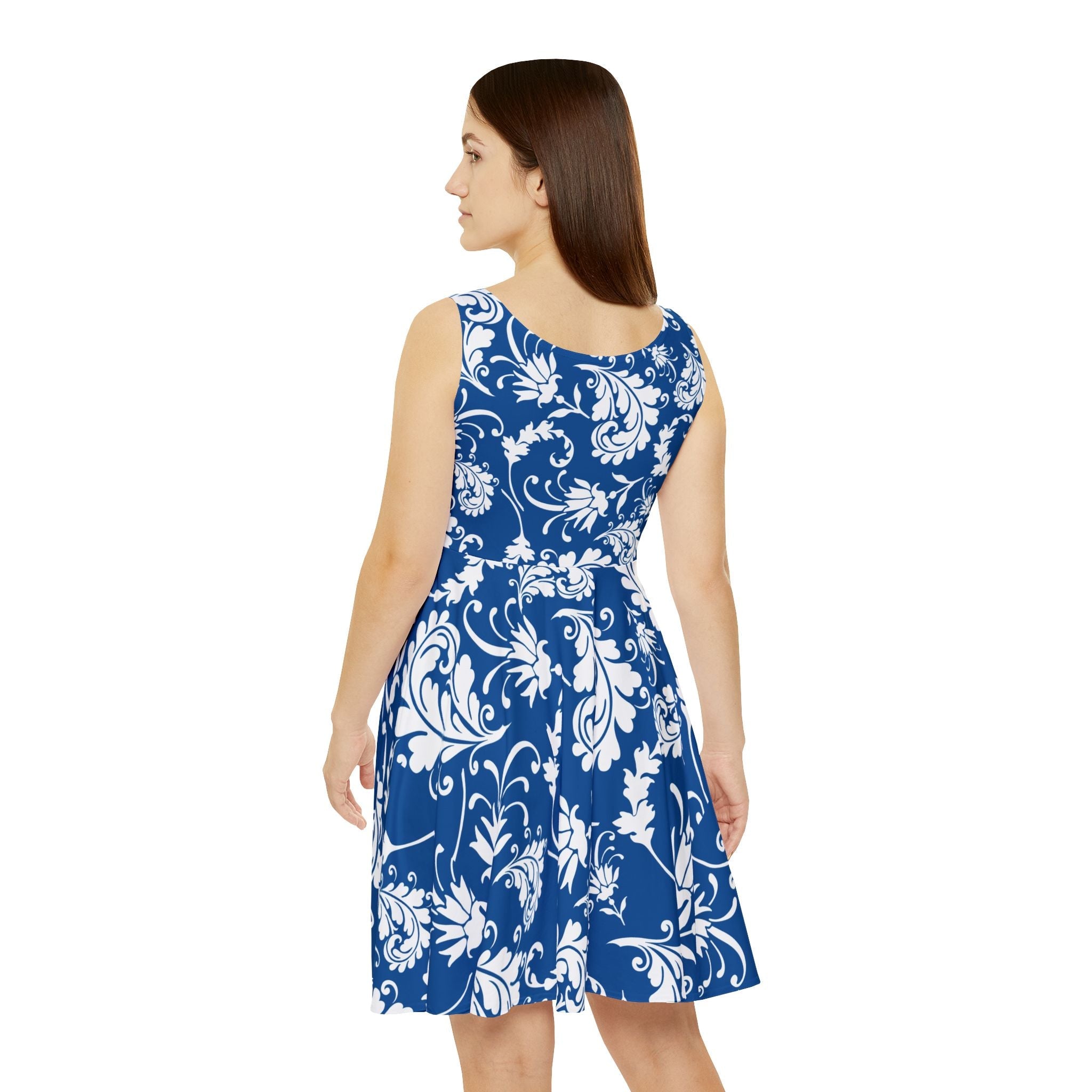 Blue and White Floral Skater Dress, Artsulli - Art is Long, Life is Short, All Over Prints, , , , , , , 