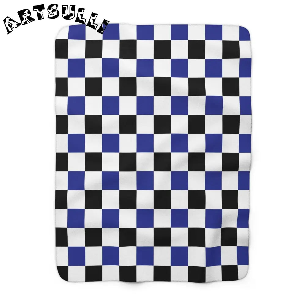 Blue Black and White Checkerboard Sherpa Fleece Blanket, Artsulli - Art is Long, Life is Short, Home Decor, Size, 50" × 60", , , , , 30625141874709555349