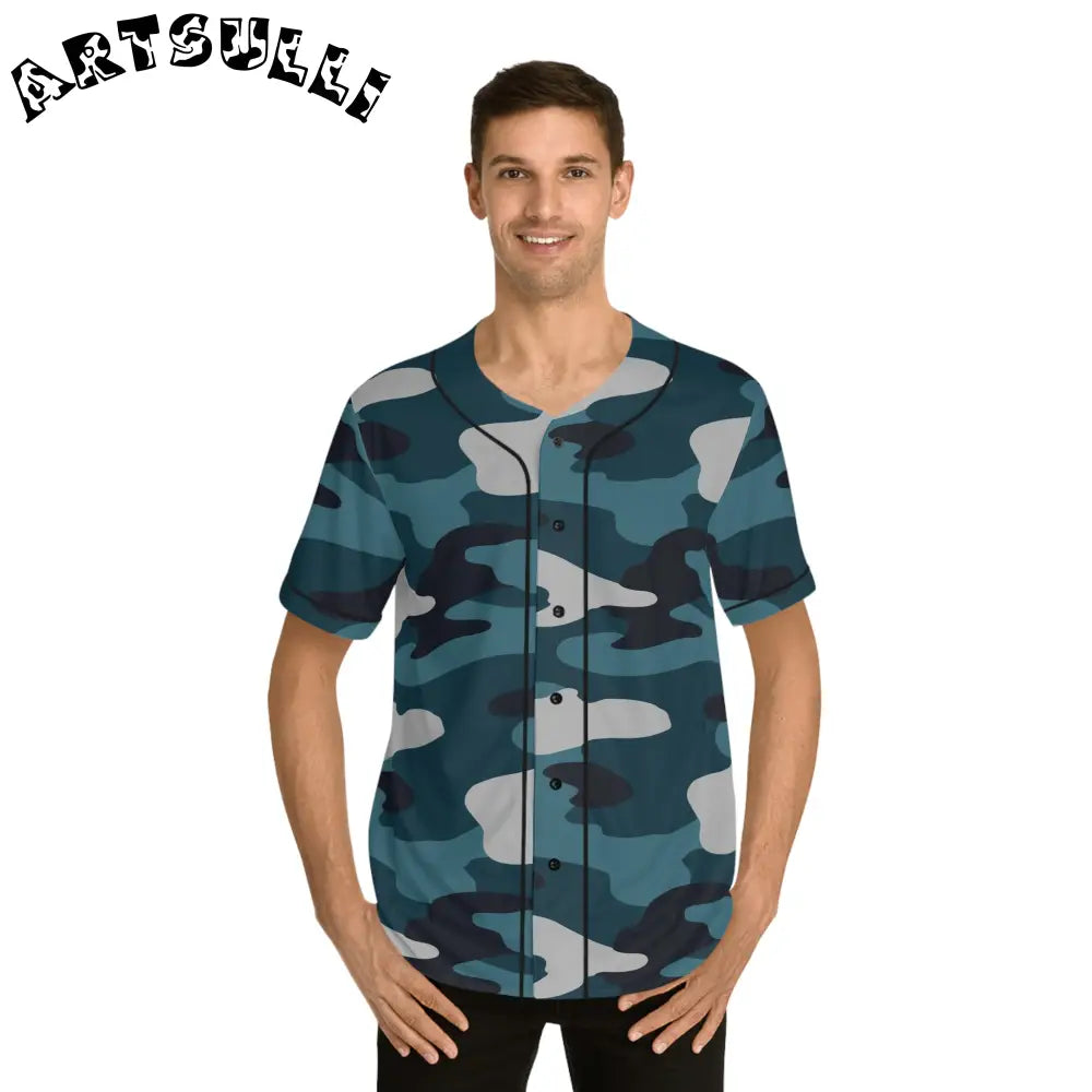Blue Camo Men's AOP Baseball Jersey, Artsulli - Art is Long, Life is Short, All Over Prints, , , , , , , 