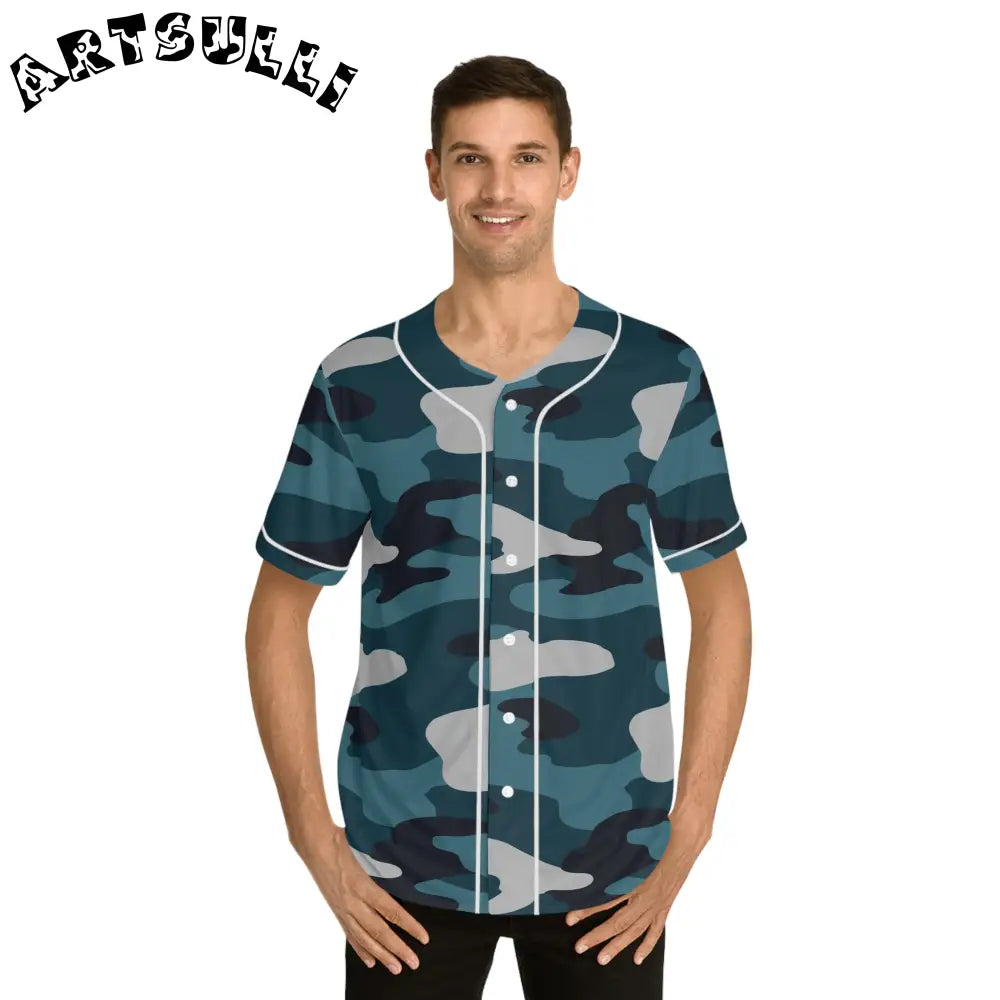 Blue Camo Men's AOP Baseball Jersey, Artsulli - Art is Long, Life is Short, All Over Prints, , , , , , , 