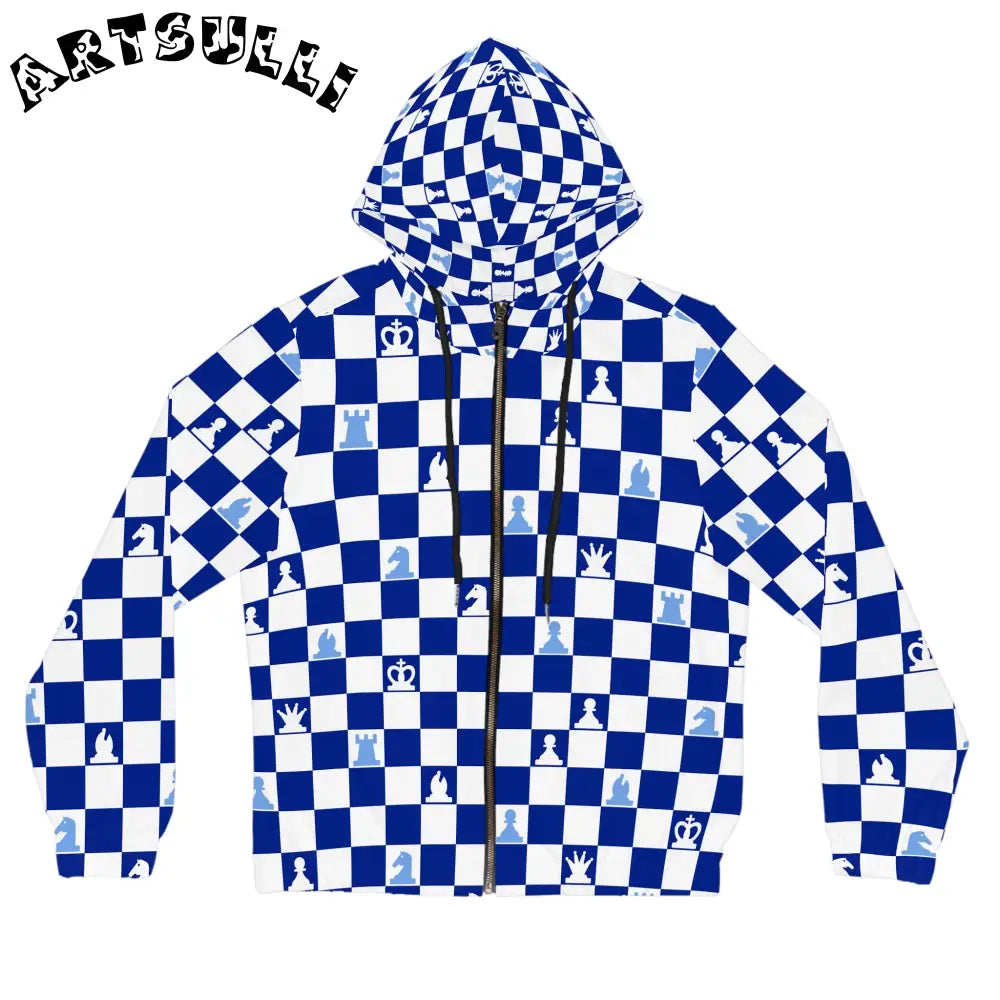 Blue Checkerboard Chess Zip Hoodie, Artsulli - Art is Long, Life is Short, All Over Prints, Size, XS, Color, Black, , , 23780282259591902714