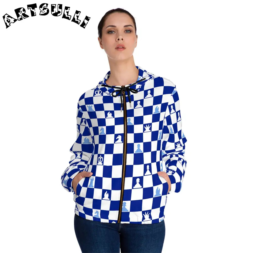 Blue Checkerboard Chess Zip Hoodie, Artsulli - Art is Long, Life is Short, All Over Prints, , , , , , , 