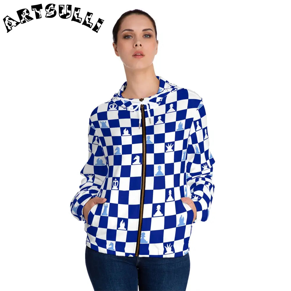 Blue Checkerboard Chess Zip Hoodie, Artsulli - Art is Long, Life is Short, All Over Prints, , , , , , , 