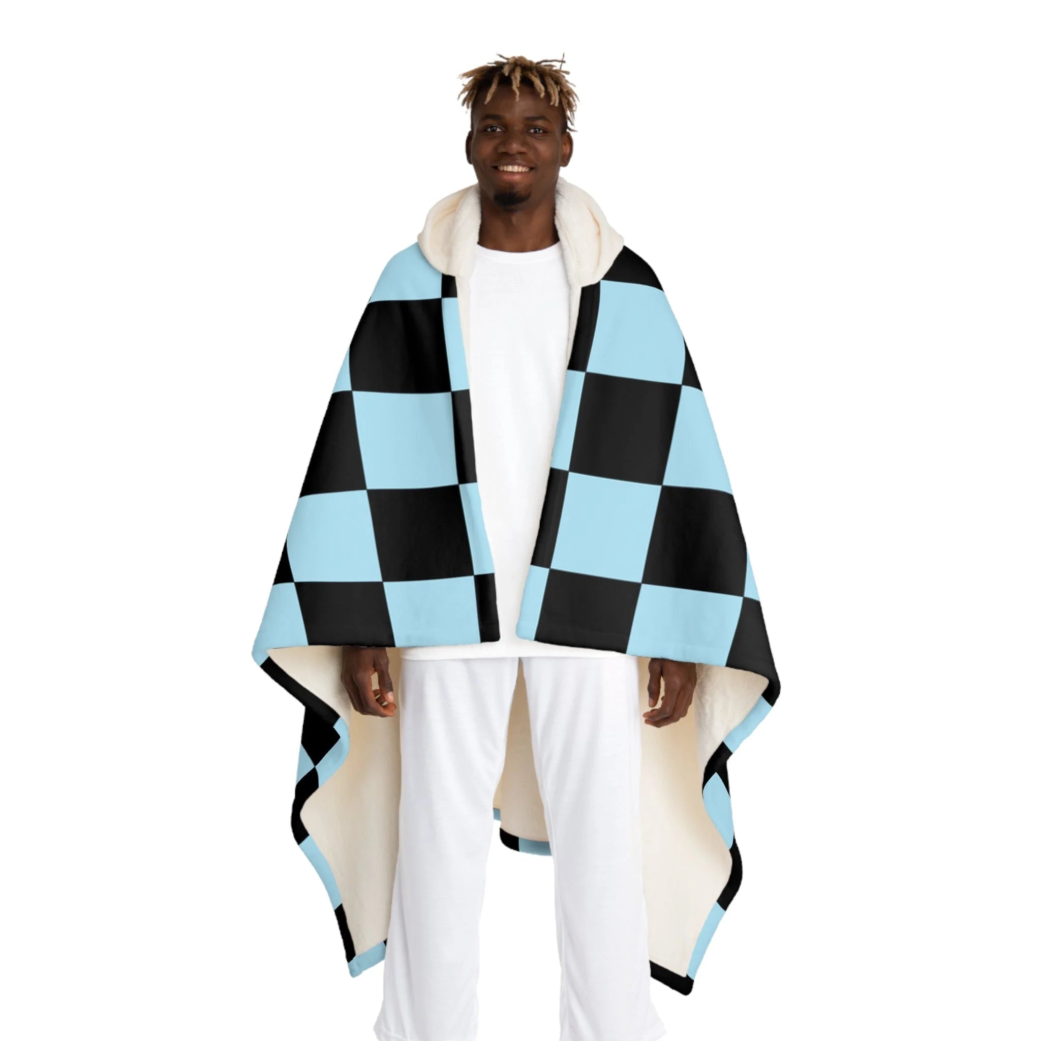 Blue Checkerboard Hooded Sherpa Fleece Blanket, Artsulli - Art is Long, Life is Short, All Over Prints, Size, One size, Color, Cream, , , 22546486245452034974