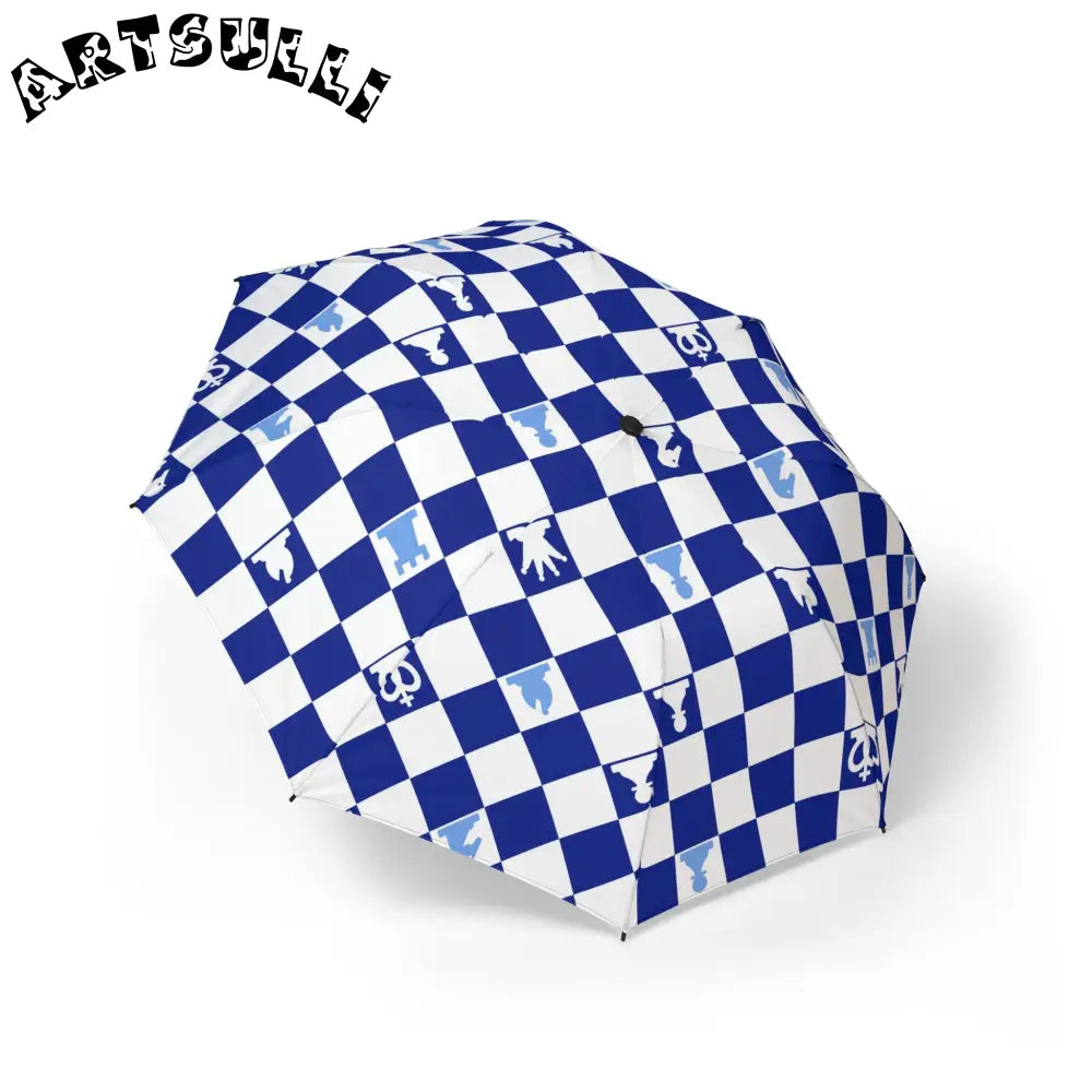 Blue Checkered Chess Umbrella with Umbrella Sleeve, Artsulli - Art is Long, Life is Short, Accessories, Size, One size, , , , , 16173716219481841326