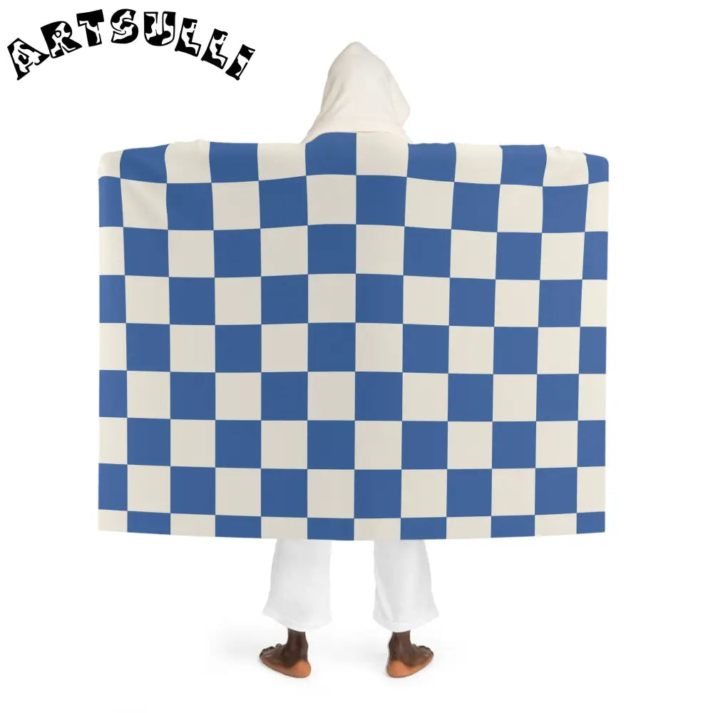 Blue Checkered Hooded Sherpa Fleece Blanket, Artsulli - Art is Long, Life is Short, All Over Prints, , , , , , , 