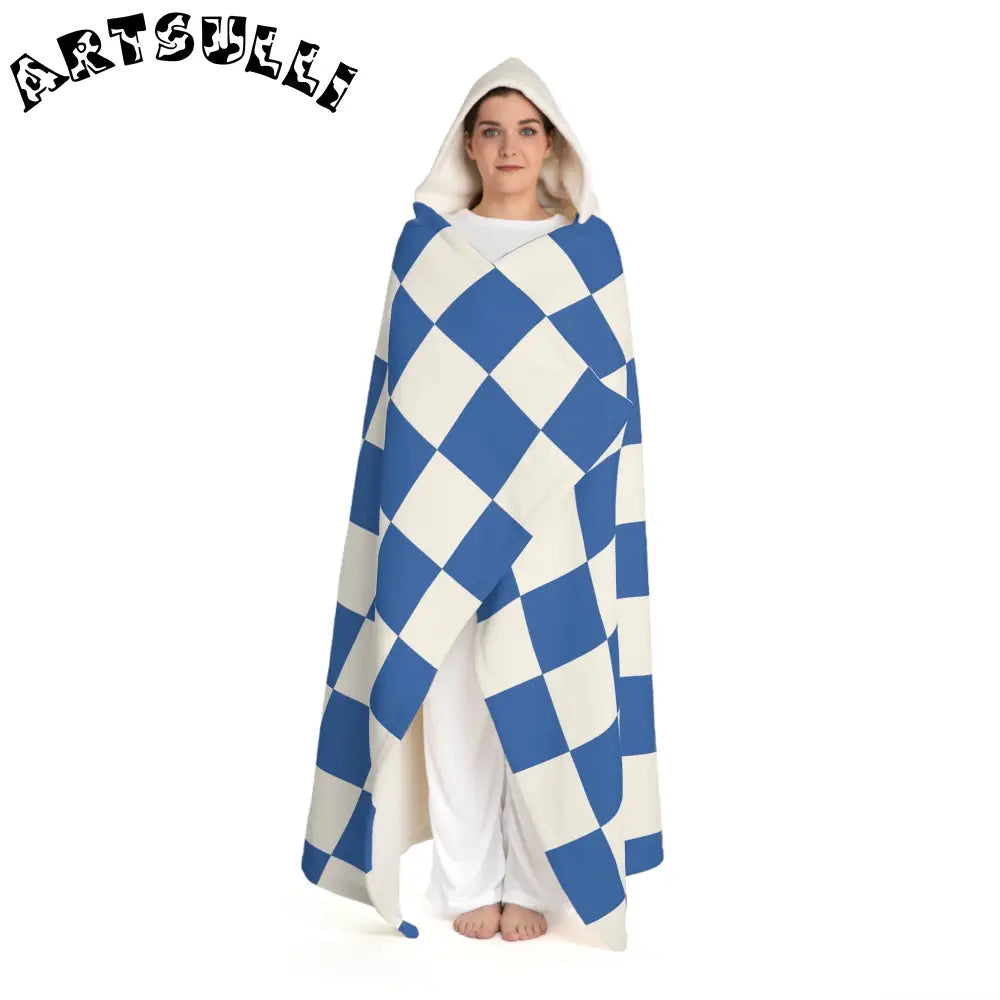 Blue Checkered Hooded Sherpa Fleece Blanket, Artsulli - Art is Long, Life is Short, All Over Prints, , , , , , , 