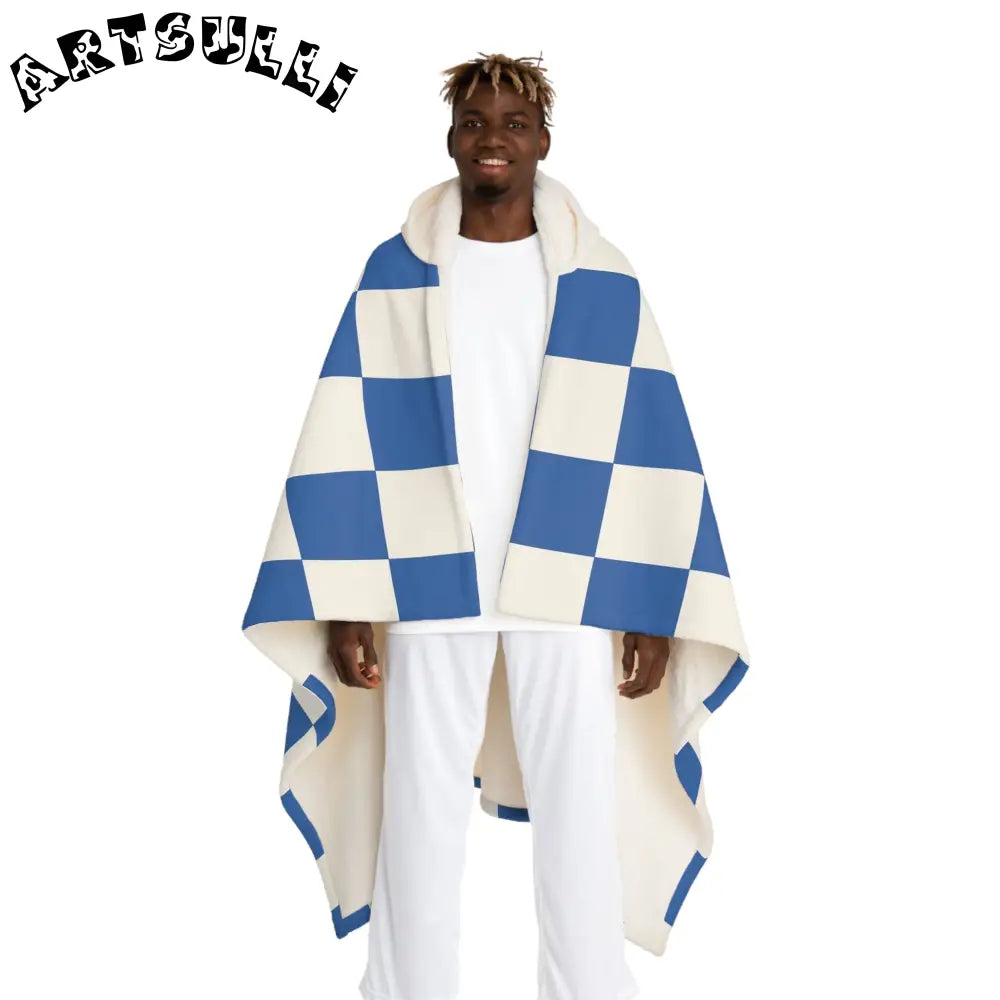Blue Checkered Hooded Sherpa Fleece Blanket, Artsulli - Art is Long, Life is Short, All Over Prints, Size, One size, Color, Cream, , , 18752211904948079377