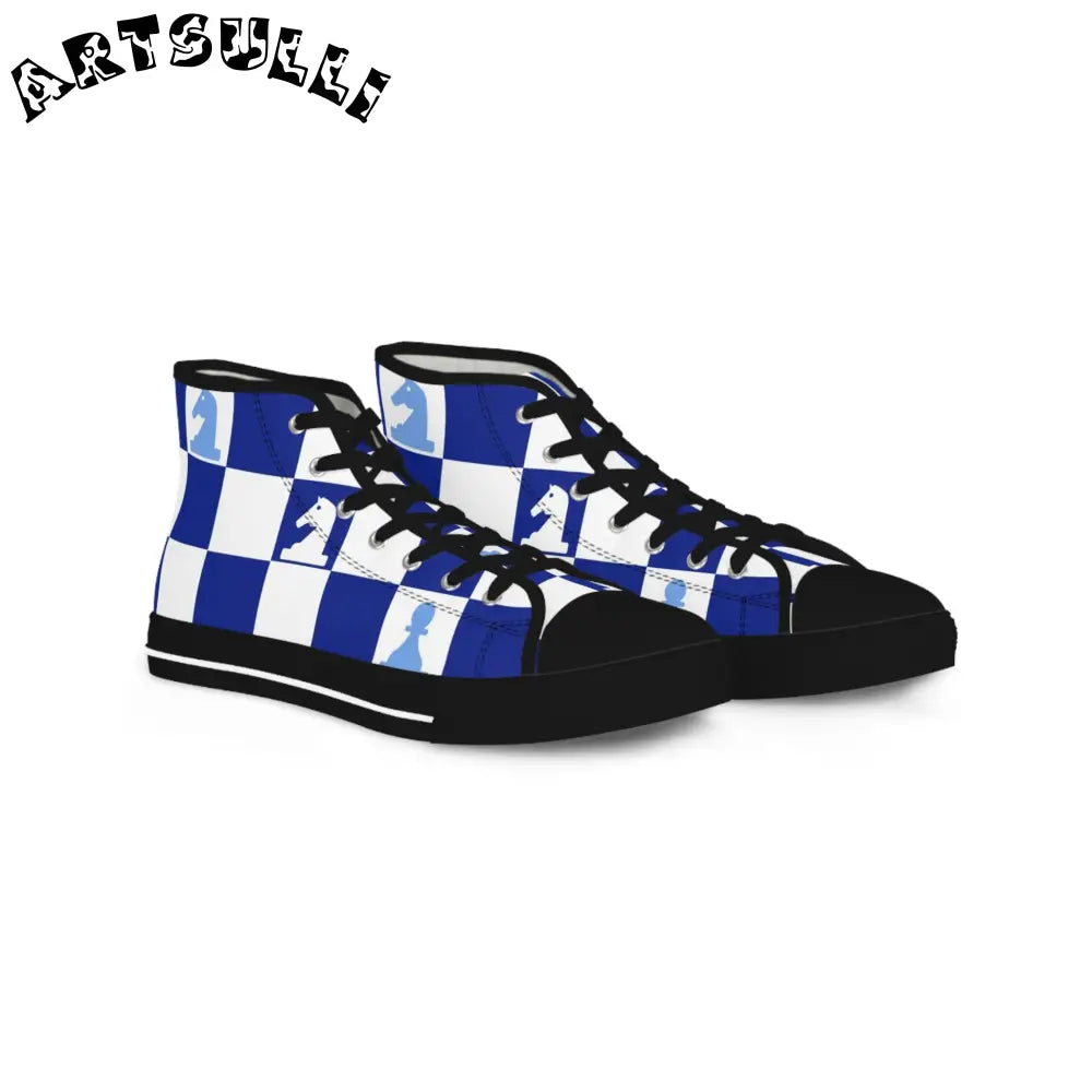 Blue Chess Art Printed High Top Sneakers, Artsulli - Art is Long, Life is Short, Shoes, Size, US 5, Color, Black sole, , , 29844061154351420943