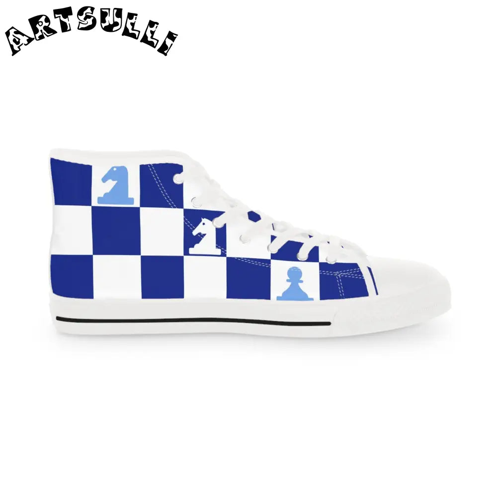 Blue Chess Art Printed High Top Sneakers, Artsulli - Art is Long, Life is Short, Shoes, , , , , , , 