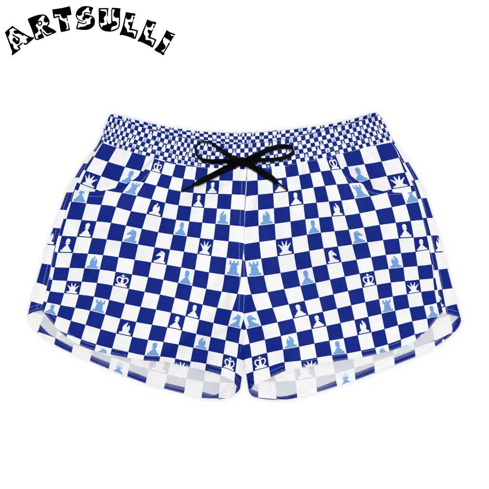 Blue Chess Piece Checkered Shorts, Artsulli - Art is Long, Life is Short, All Over Prints, Size, S, Color, Black drawstring, , , 12780729439622289023