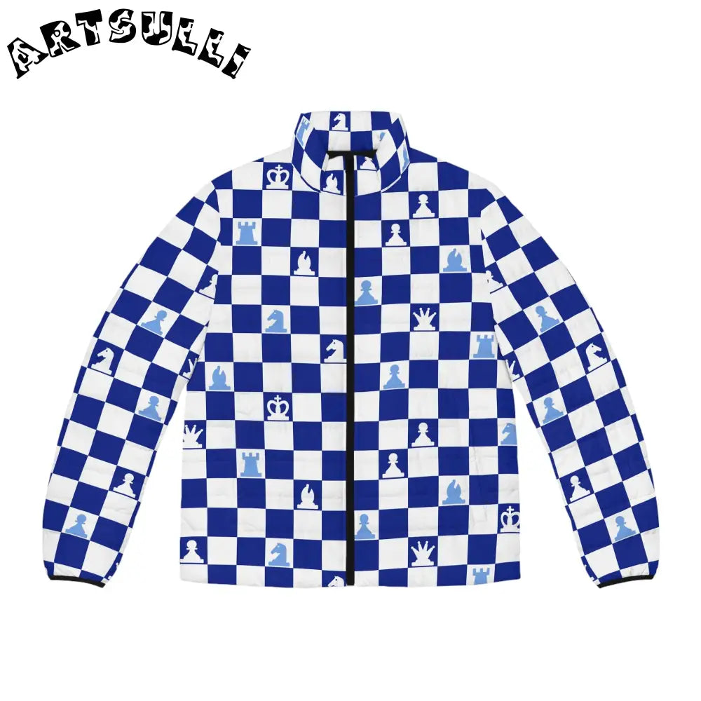 Blue Chess Quilted Puffer Jacket, Artsulli - Art is Long, Life is Short, All Over Prints, Size, S, Color, Black zipper, , , 11628173458633511840