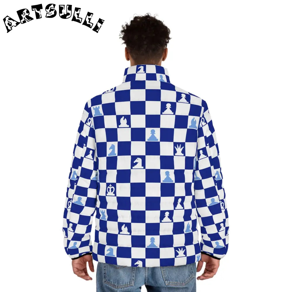 Blue Chess Quilted Puffer Jacket, Artsulli - Art is Long, Life is Short, All Over Prints, , , , , , , 