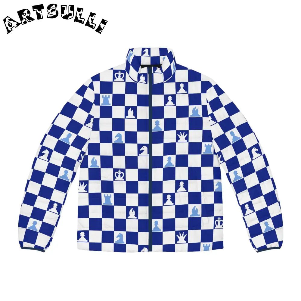 Blue Chess Quilted Puffer Jacket, Artsulli - Art is Long, Life is Short, All Over Prints, Size, S, Color, Dark blue zipper, , , 25631502615808046441