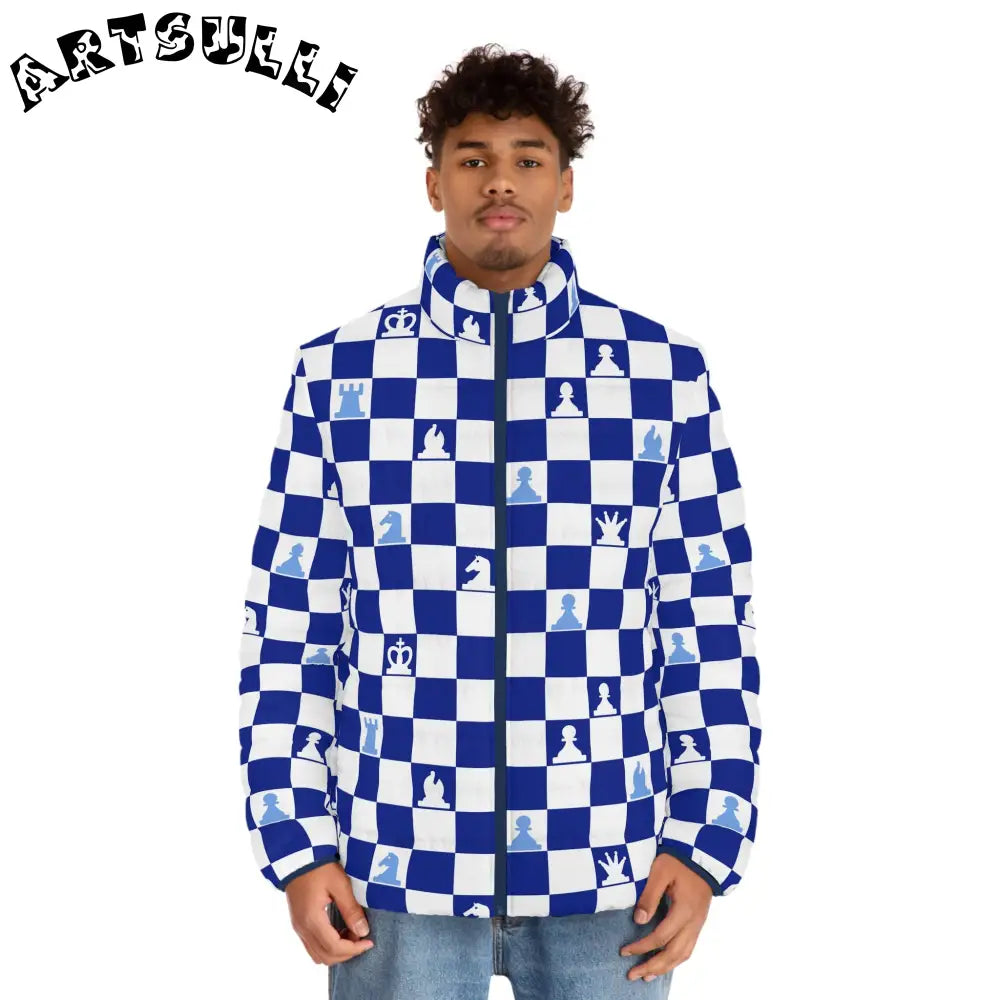 Blue Chess Quilted Puffer Jacket, Artsulli - Art is Long, Life is Short, All Over Prints, , , , , , , 