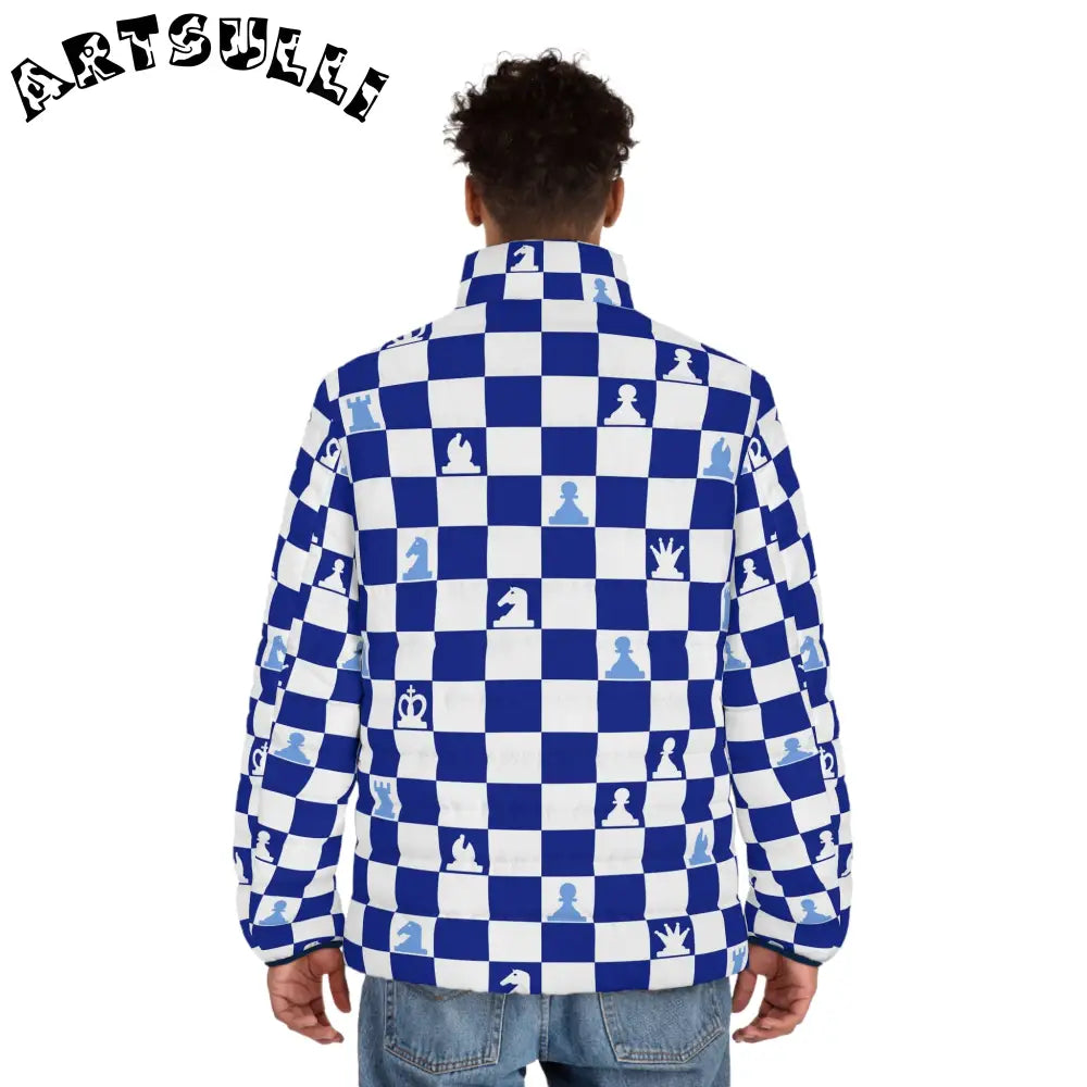 Blue Chess Quilted Puffer Jacket, Artsulli - Art is Long, Life is Short, All Over Prints, , , , , , , 