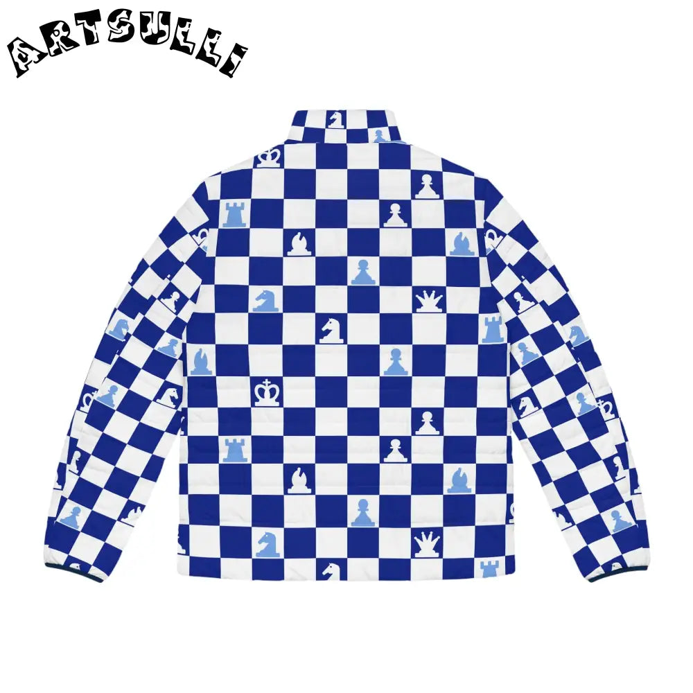 Blue Chess Quilted Puffer Jacket, Artsulli - Art is Long, Life is Short, All Over Prints, , , , , , , 
