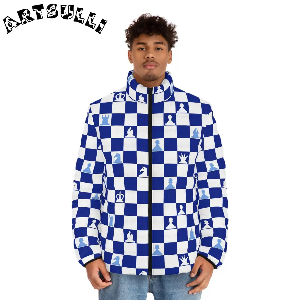 Blue Chess Quilted Puffer Jacket, Artsulli - Art is Long, Life is Short, All Over Prints, , , , , , , 