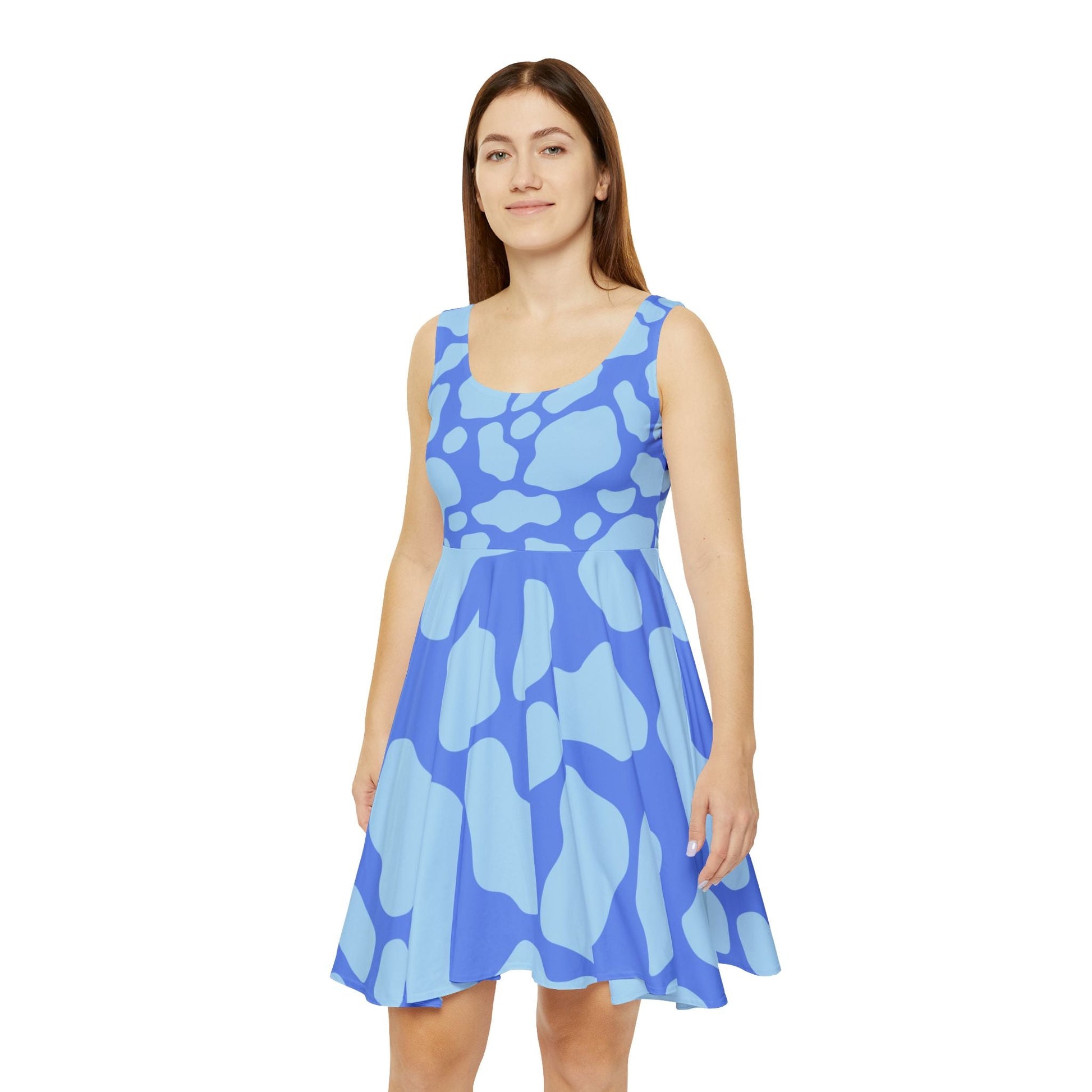 Blue Cow Print Skater Dress, Artsulli - Art is Long, Life is Short, All Over Prints, , , , , , , 