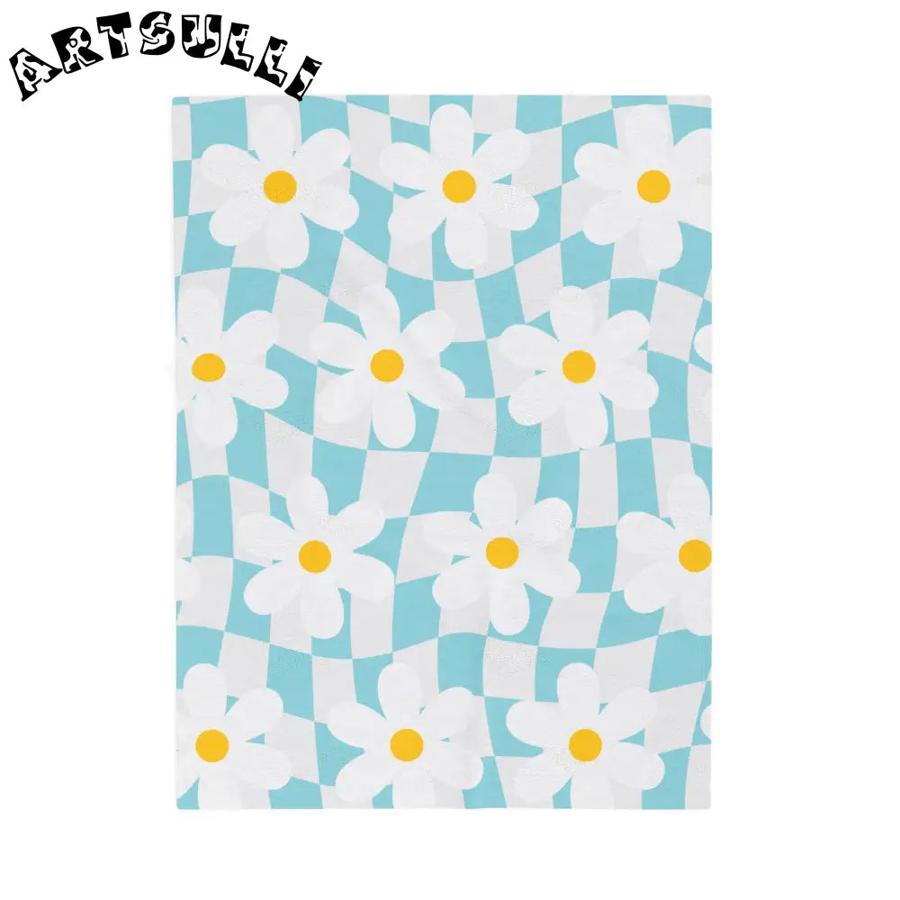 Blue Daisy Checkerboard Plush Velveteen Blanket, Artsulli - Art is Long, Life is Short, All Over Prints, Size, 30" × 40", , , , , 68462258700769374084