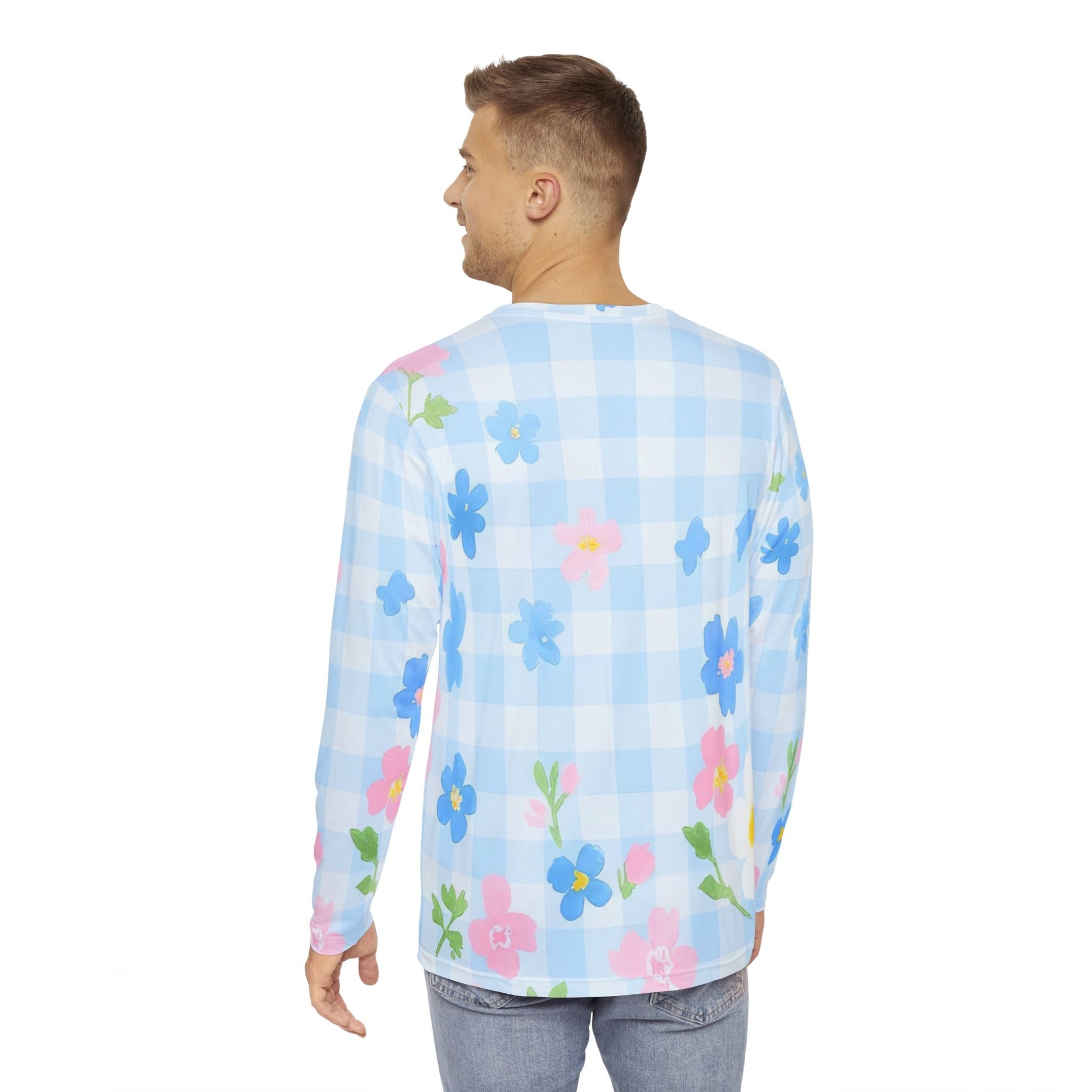 Blue Floral Gingham Long Sleeve Shirt, Artsulli - Art is Long, Life is Short, All Over Prints, , , , , , , 