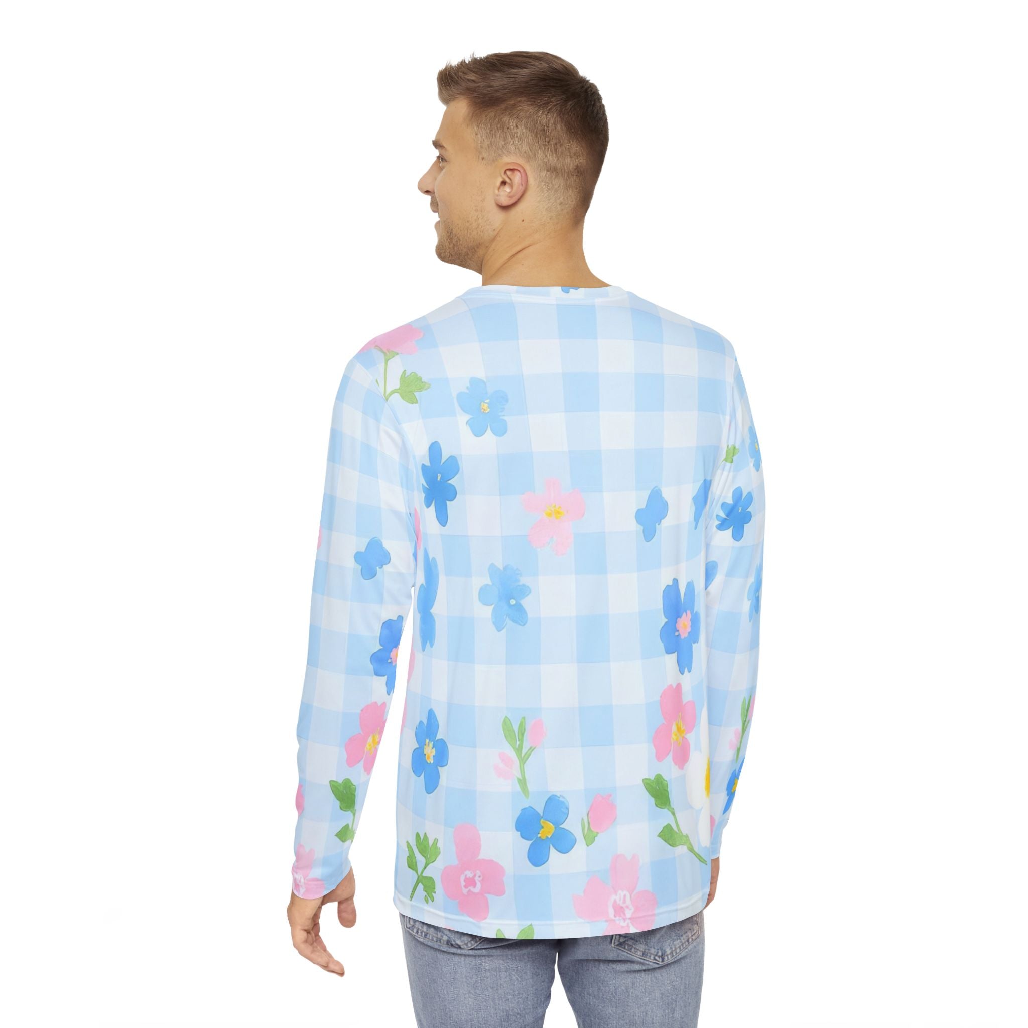 Blue Floral Gingham Long Sleeve Shirt, Artsulli - Art is Long, Life is Short, All Over Prints, , , , , , , 