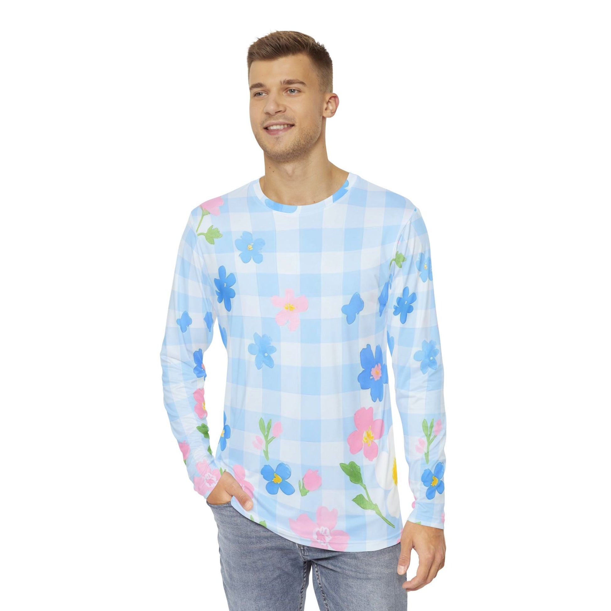 Blue Floral Gingham Long Sleeve Shirt, Artsulli - Art is Long, Life is Short, All Over Prints, , , , , , , 