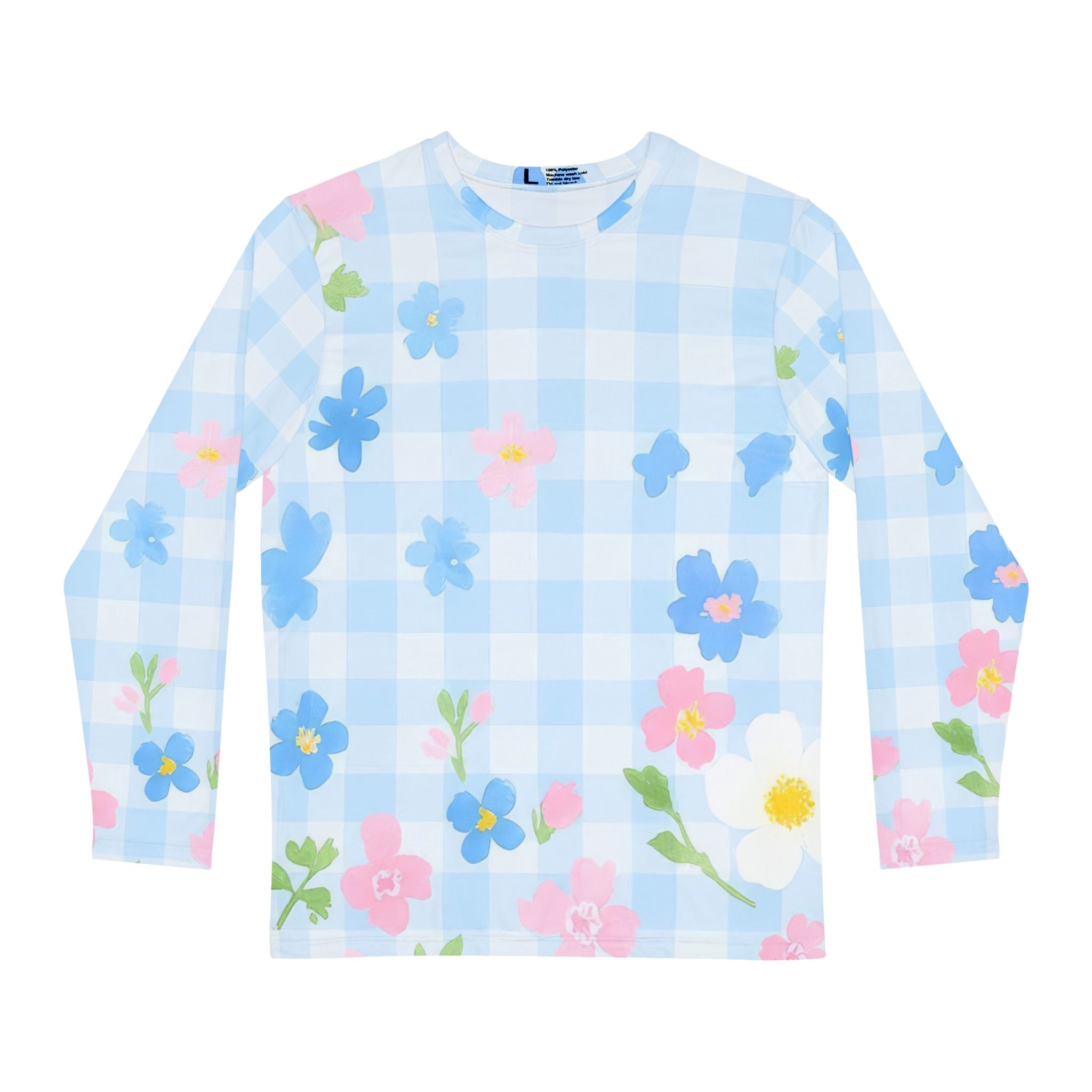 Blue Floral Gingham Long Sleeve Shirt, Artsulli - Art is Long, Life is Short, All Over Prints, Size, XS, , , , , 45893193884187732535