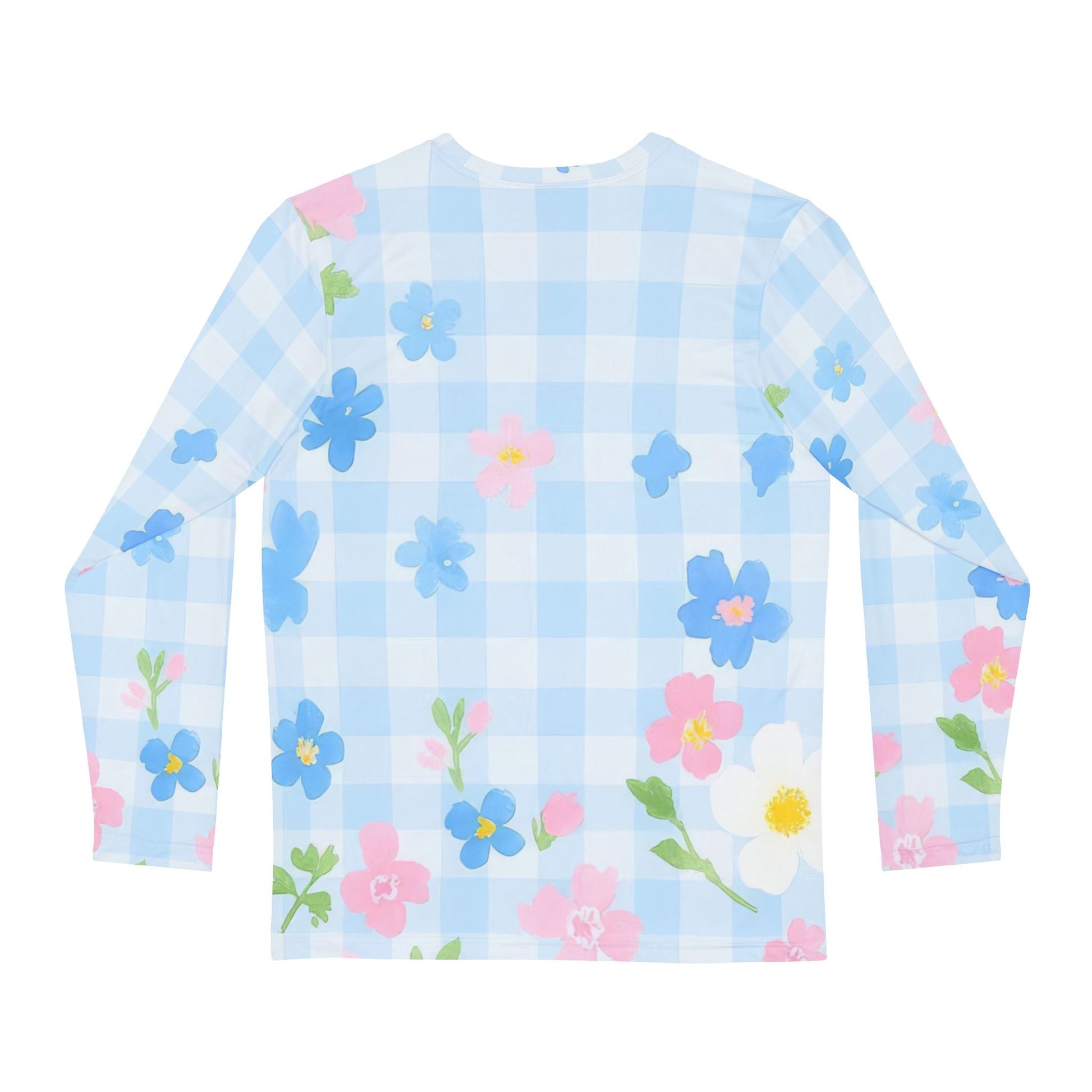Blue Floral Gingham Long Sleeve Shirt, Artsulli - Art is Long, Life is Short, All Over Prints, , , , , , , 