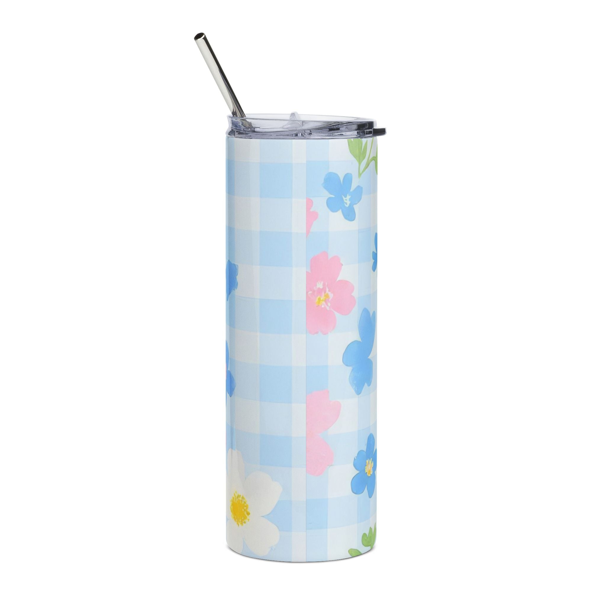 Blue Gingham Floral Stainless Steel Tumbler, Artsulli - Art is Long, Life is Short, Mug, , , , , , , 