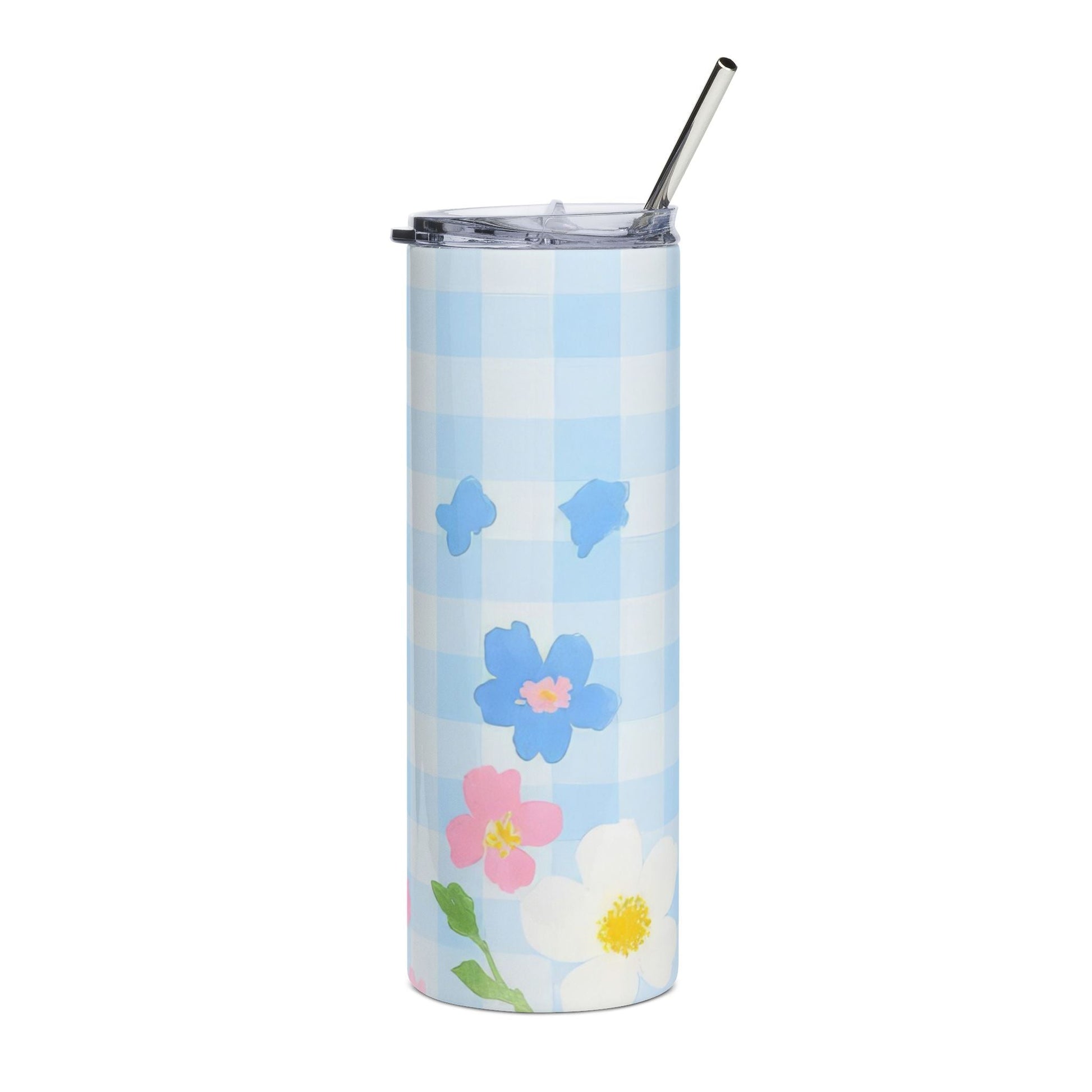 Blue Gingham Floral Stainless Steel Tumbler, Artsulli - Art is Long, Life is Short, Mug, , , , , , , 