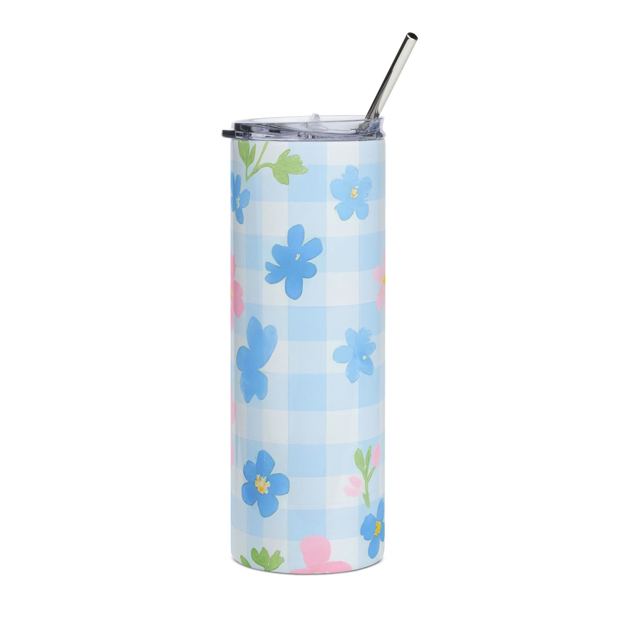 Blue Gingham Floral Stainless Steel Tumbler, Artsulli - Art is Long, Life is Short, Mug, , , , , , , 