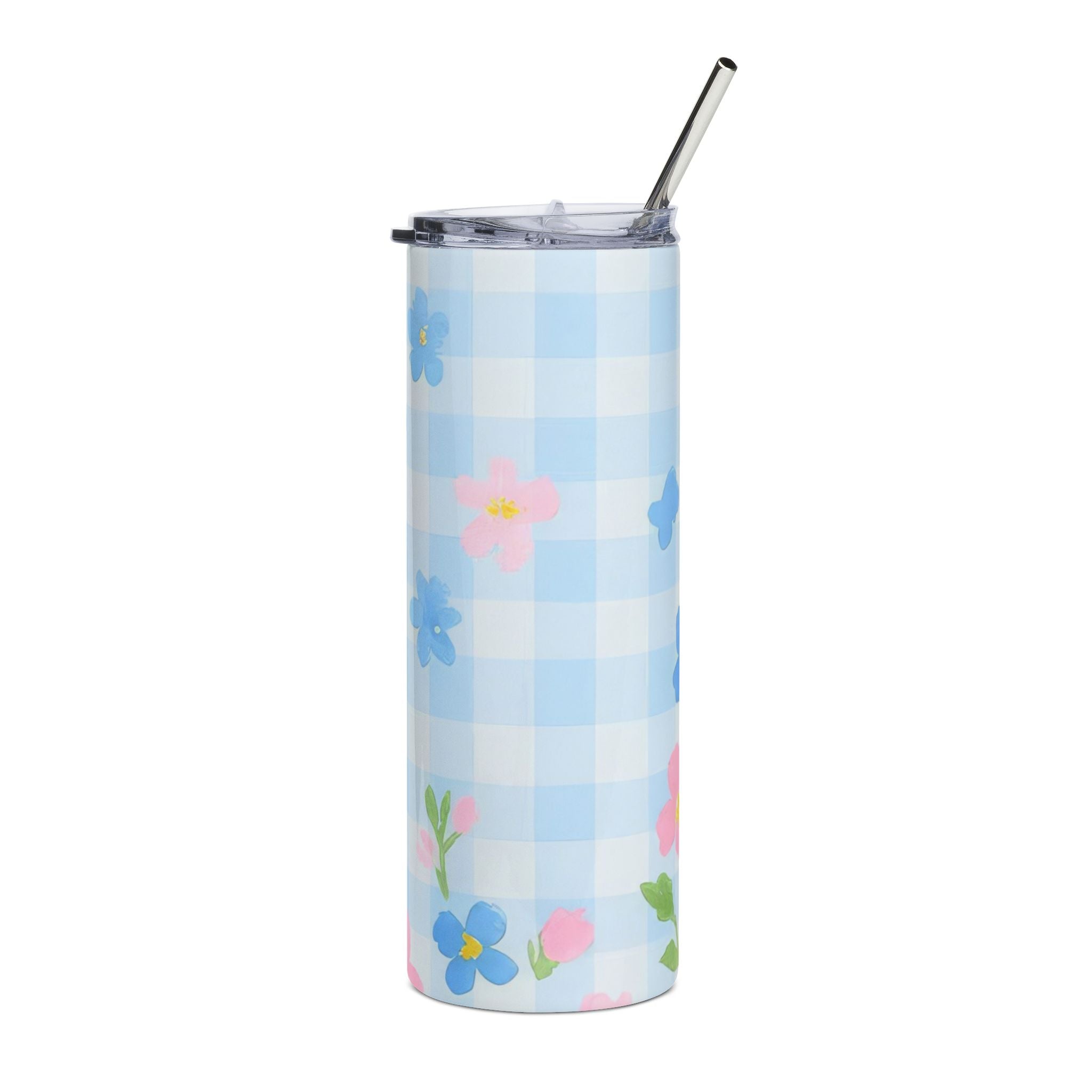 Blue Gingham Floral Stainless Steel Tumbler, Artsulli - Art is Long, Life is Short, Mug, Size, 20oz, Color, White, , , 20835119295203847737