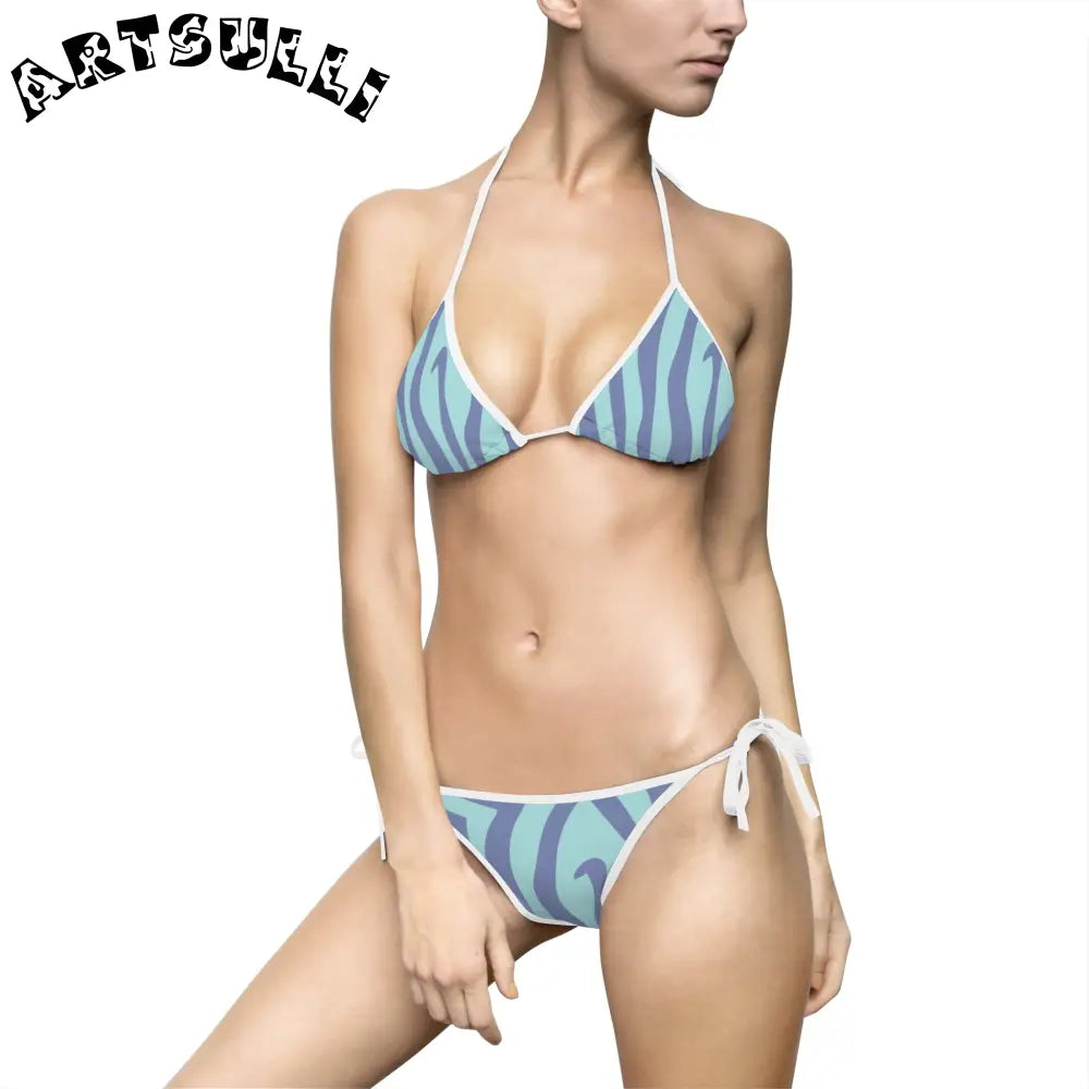 Blue Melting Zebra Stripes Bikini Swimsuit, Artsulli - Art is Long, Life is Short, All Over Prints, Size, S, Color, White, , , 72586924861643