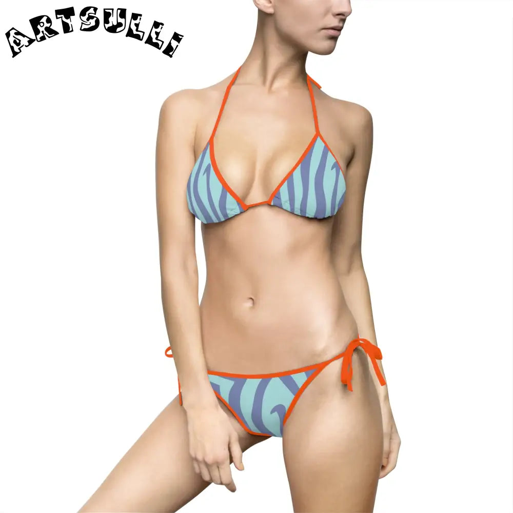 Blue Melting Zebra Stripes Bikini Swimsuit, Artsulli - Art is Long, Life is Short, All Over Prints, Size, S, Color, Orange, , , 72626871460018