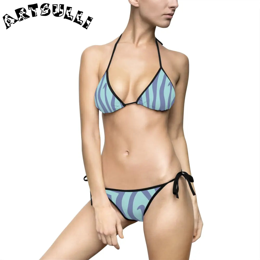 Blue Melting Zebra Stripes Bikini Swimsuit, Artsulli - Art is Long, Life is Short, All Over Prints, Size, S, Color, Black, , , 72665526834949