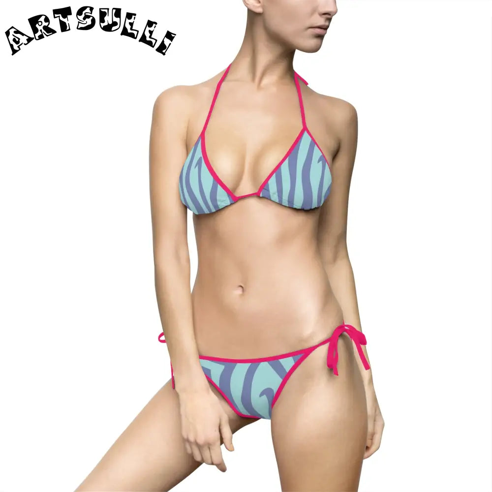 Blue Melting Zebra Stripes Bikini Swimsuit, Artsulli - Art is Long, Life is Short, All Over Prints, Size, S, Color, Pink, , , 72612737395319